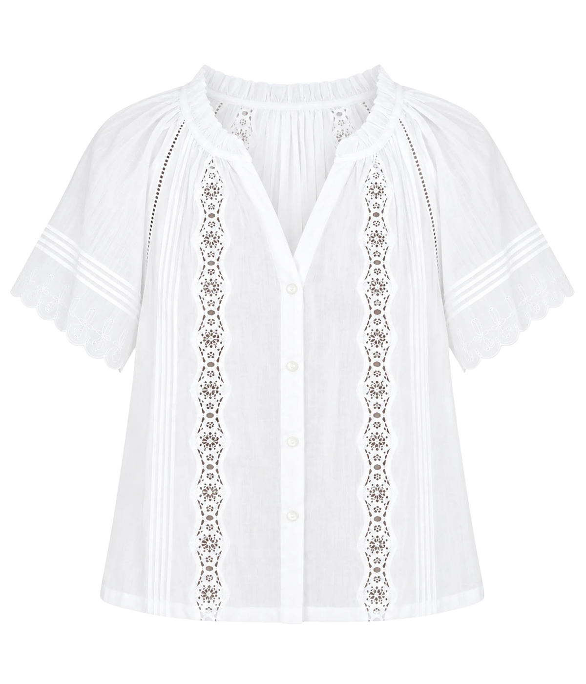 xirena Bianca Shirt in WHITE - flat lay image of a white blouse with eyelet detailing and frill collar and scalloped arms