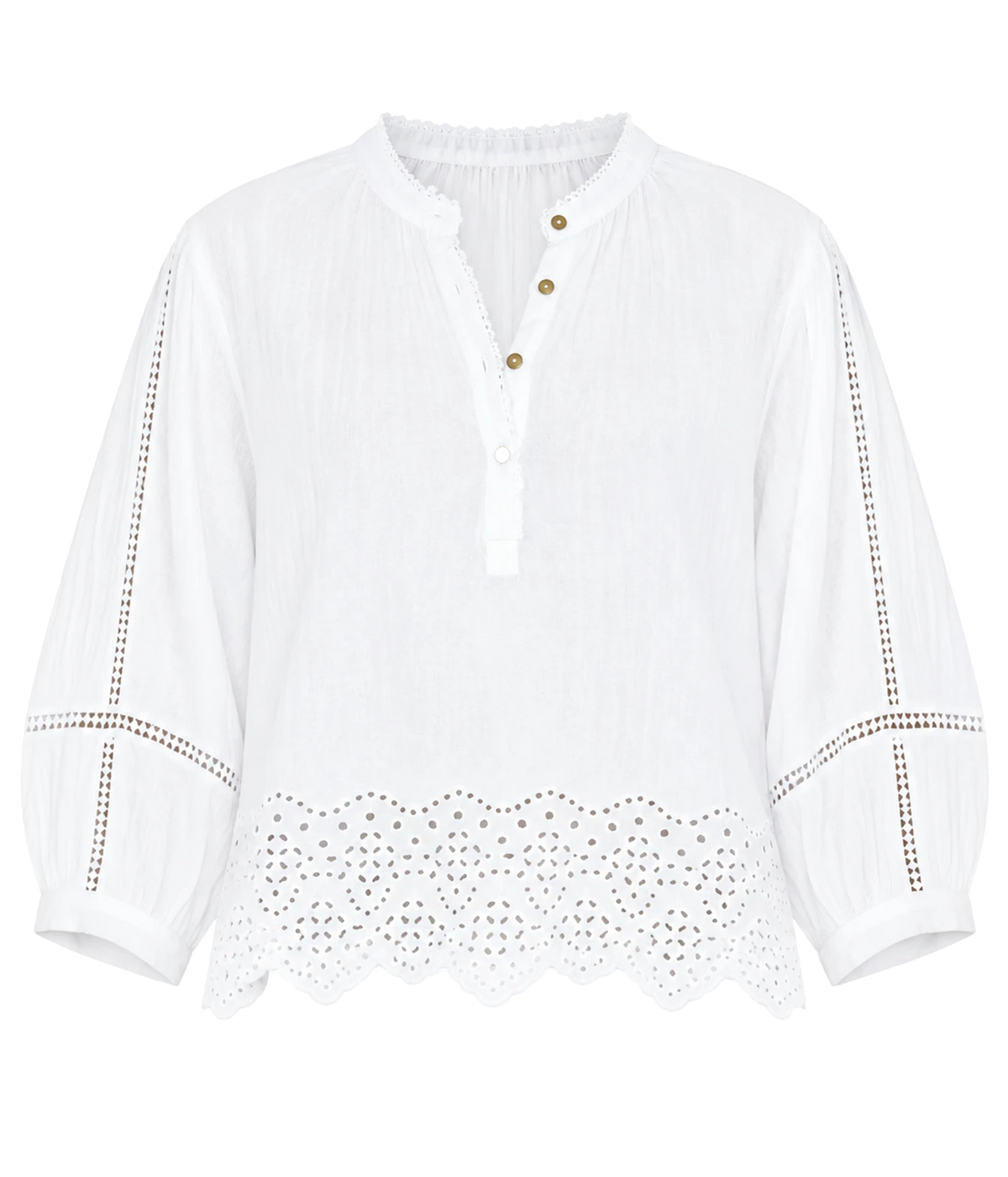 Xirena White Roxanna blouse with a band collar, button placket, ladder lace detailing and scalloped eyelet embroidery along the hem.
