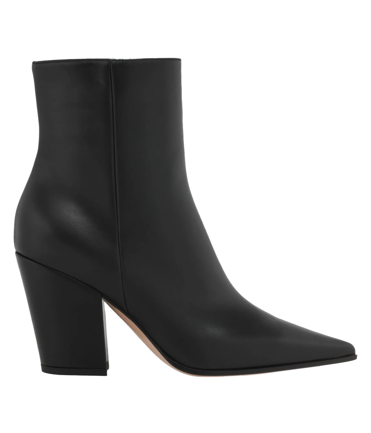 Gianvito Rossi Keinna Bootie in Black Smooth angled from the side, showing the smooth black leather, sharp pointed toe and angled block heel