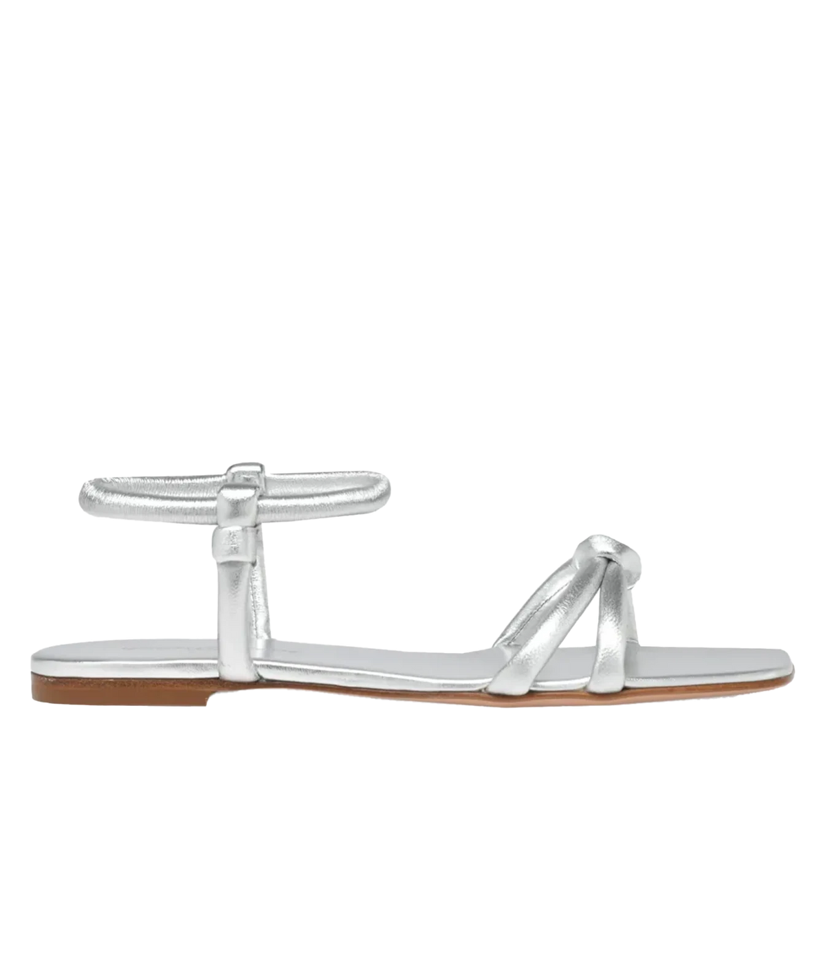 Side profile of the Gianvito Rossi Juno 05 Nappa in Silver, showing the metallic silver knotted toe straps, ankle strap and flat sole