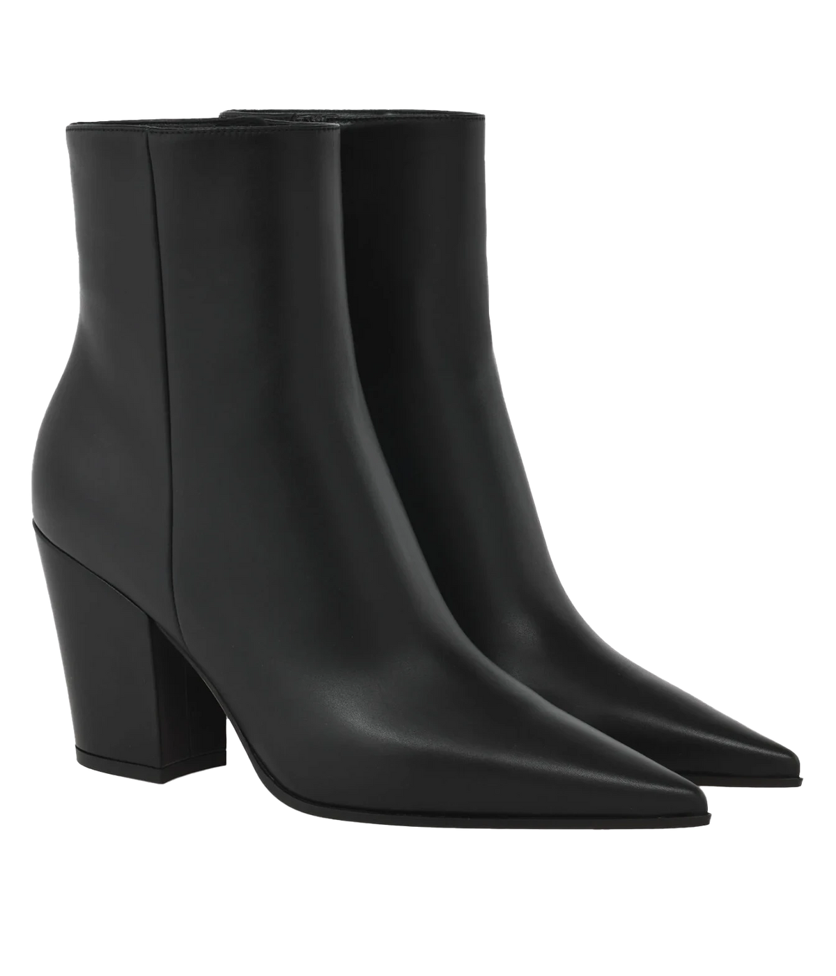 Pair of Gianvito Rossi Keinna Bootie in Black Smooth, showing the pointed toes, ankle-height shaft and block heels