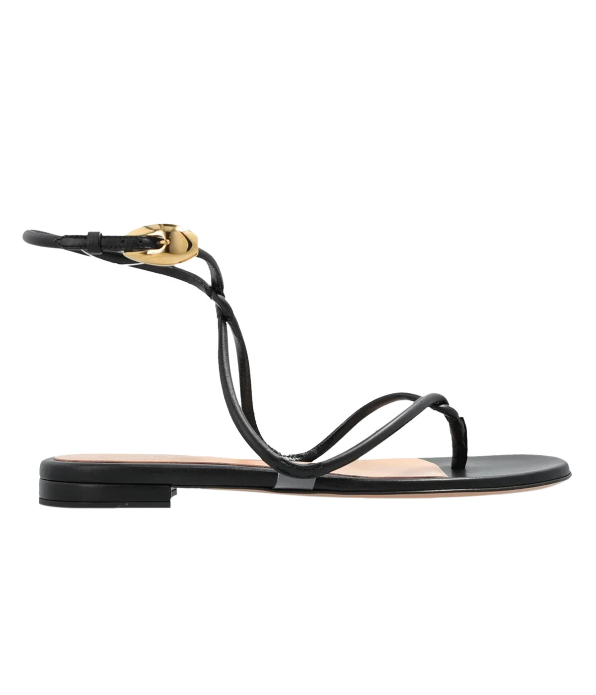 Side profile of the Gianvito Rossi Jungle Mamba Flat in Black, showing the black leather straps wrapping up to the ankle with a gold buckle and a low heel