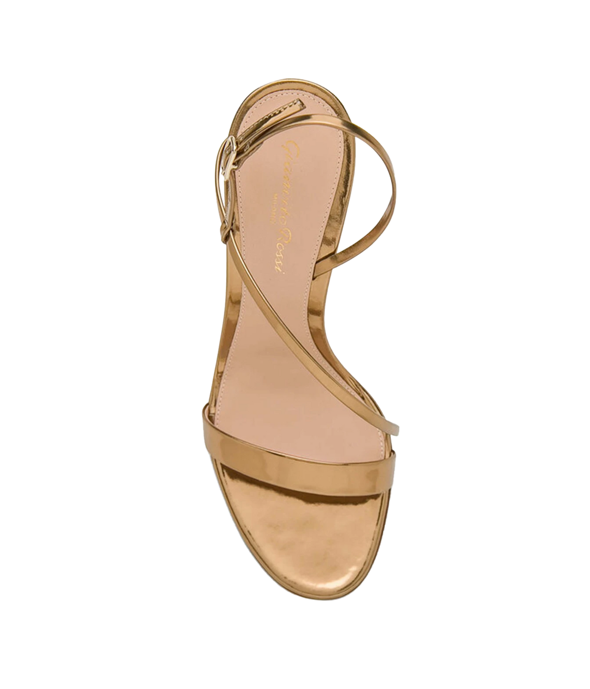 Top-down view of the Gianvito Rossi Manhattan 70 Metal in Mekong, showing the open toe, crisscross gold metallic straps and nude leather footbed