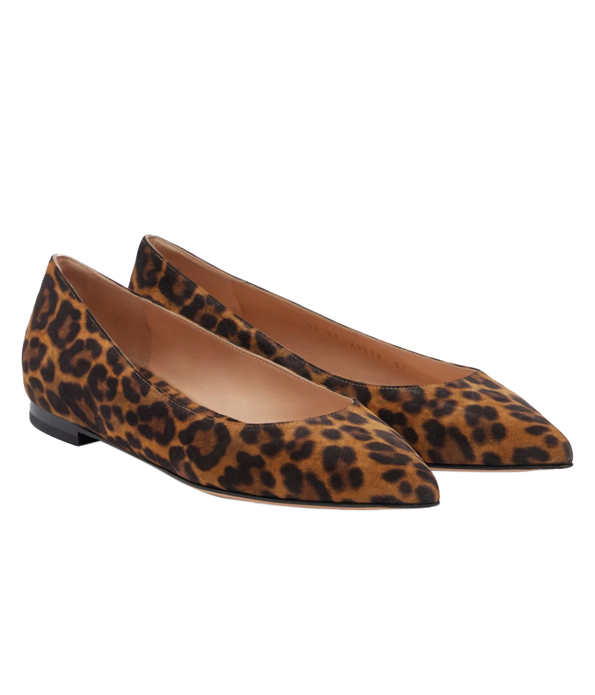 Pair of Gianvito Rossi Gianvito Flat in Suede Leopard angled from the front, showing the pointed toes and leopard-print suede uppers