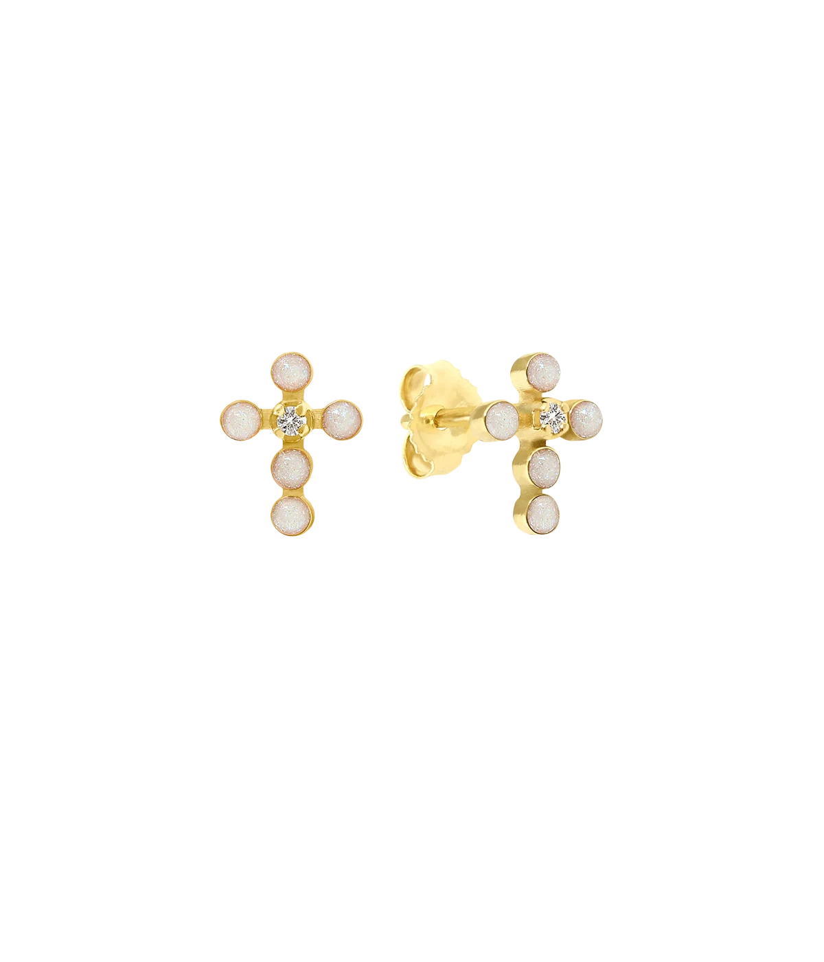 Pearled Cross Diamond Earrings 18K Yellow Gold in Opale