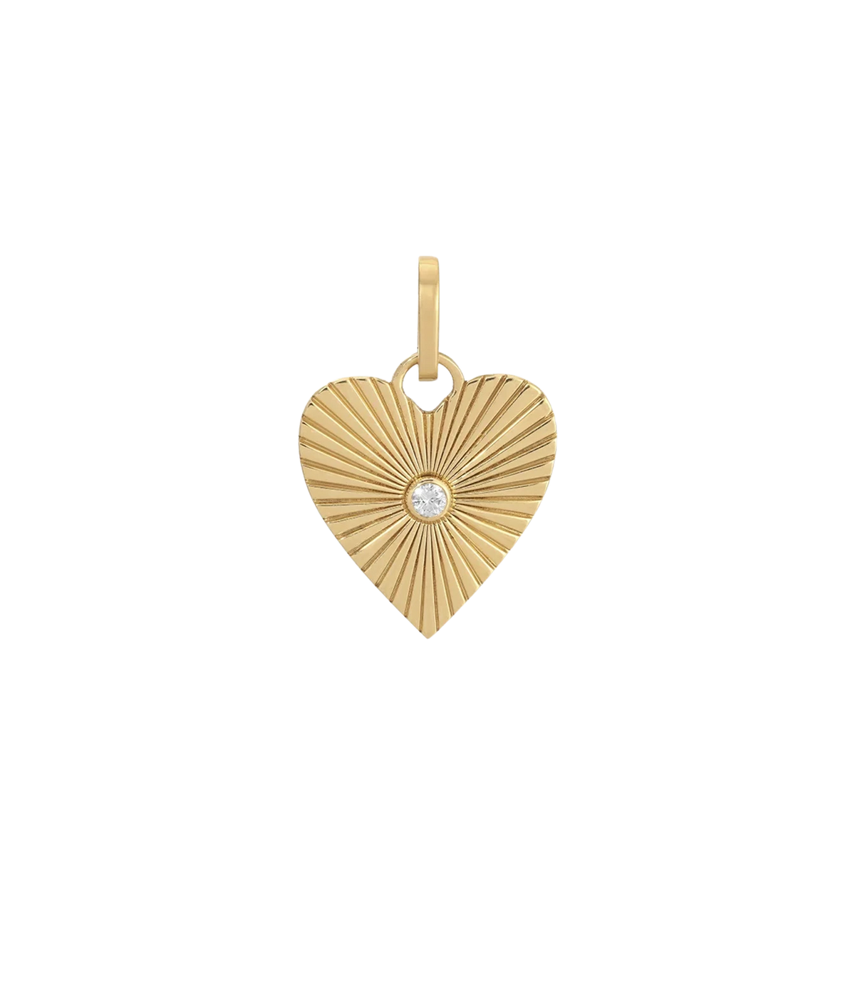 Adina Reyter Groovy Diamond Heart Rays Hinged Charm in 14K Yellow Gold, a ridged gold heart with lines radiating from a central diamond and a hinged bail