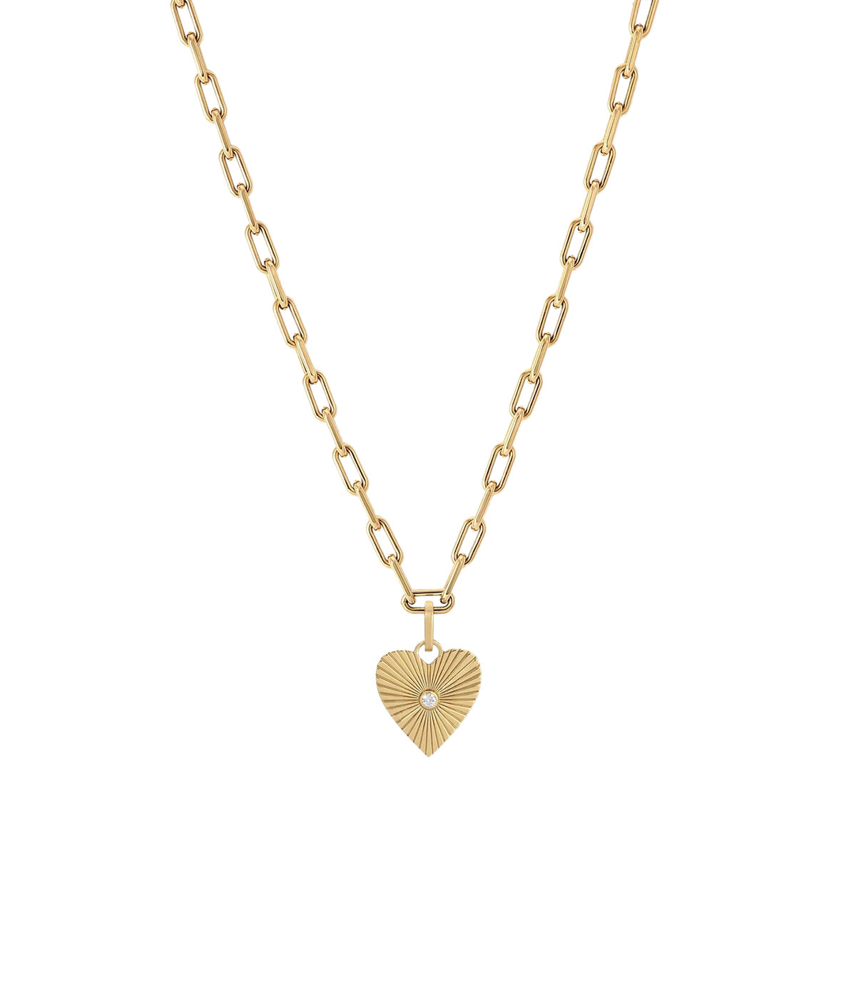Adina Reyter Groovy Diamond Heart Rays Hinged Charm in 14K Yellow Gold on a slimmer gold paperclip chain
