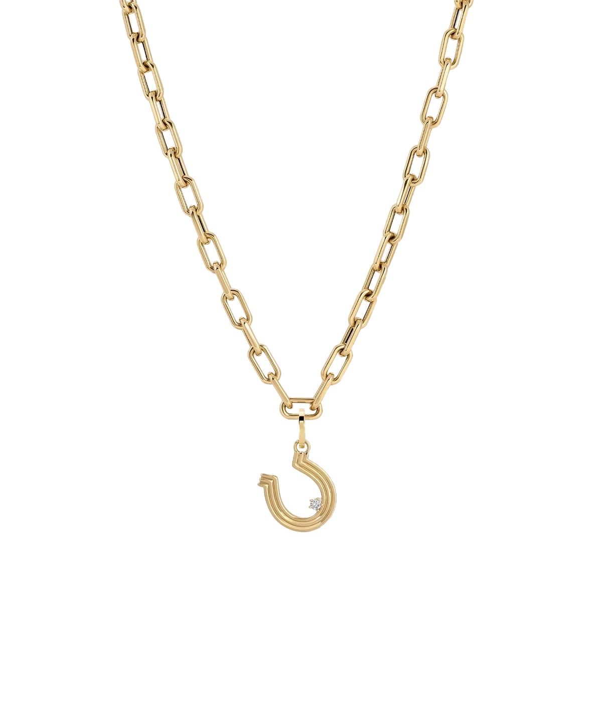 Adina Reyter Groovy Diamond Horseshoe Hinged Charm in 14K Yellow Gold on a bold gold paperclip chain