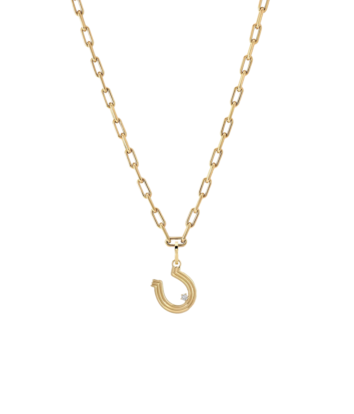 Adina Reyter Groovy Diamond Horseshoe Hinged Charm in 14K Yellow Gold on a slimmer gold paperclip chain