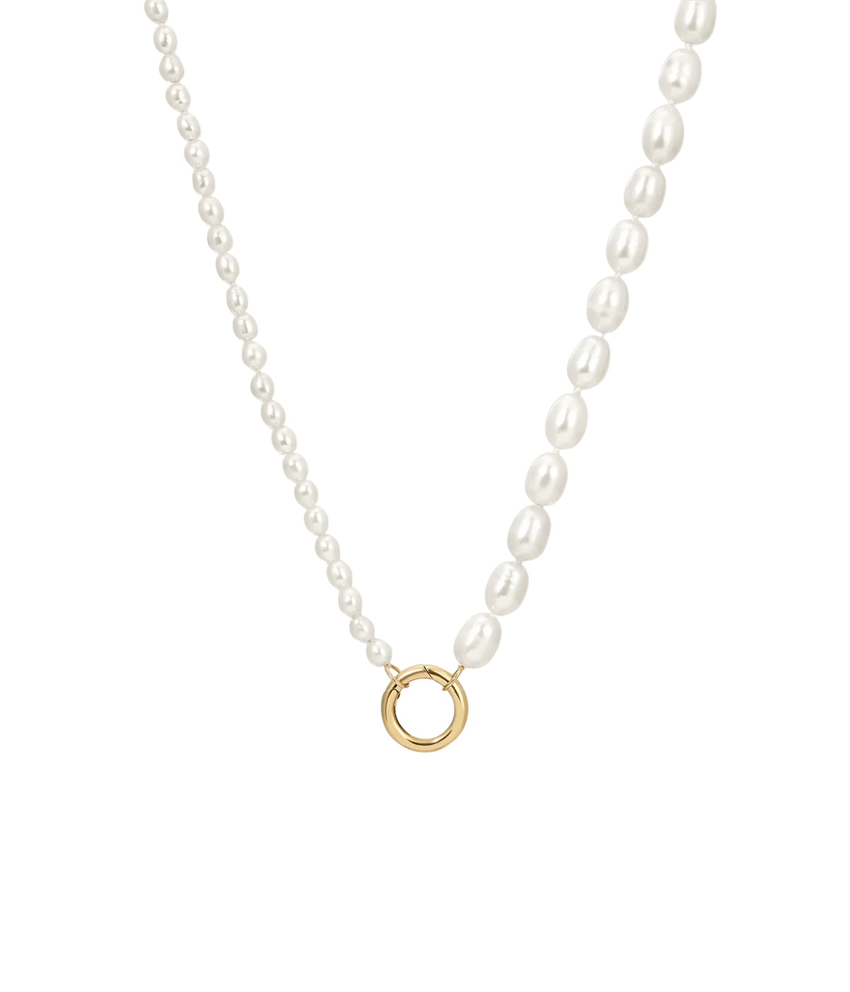 Adina Reyter Half & Half Pearl Necklace in 10K Yellow Gold, with smaller pearls on one side, larger oval pearls on the other and a gold ring clasp at the front