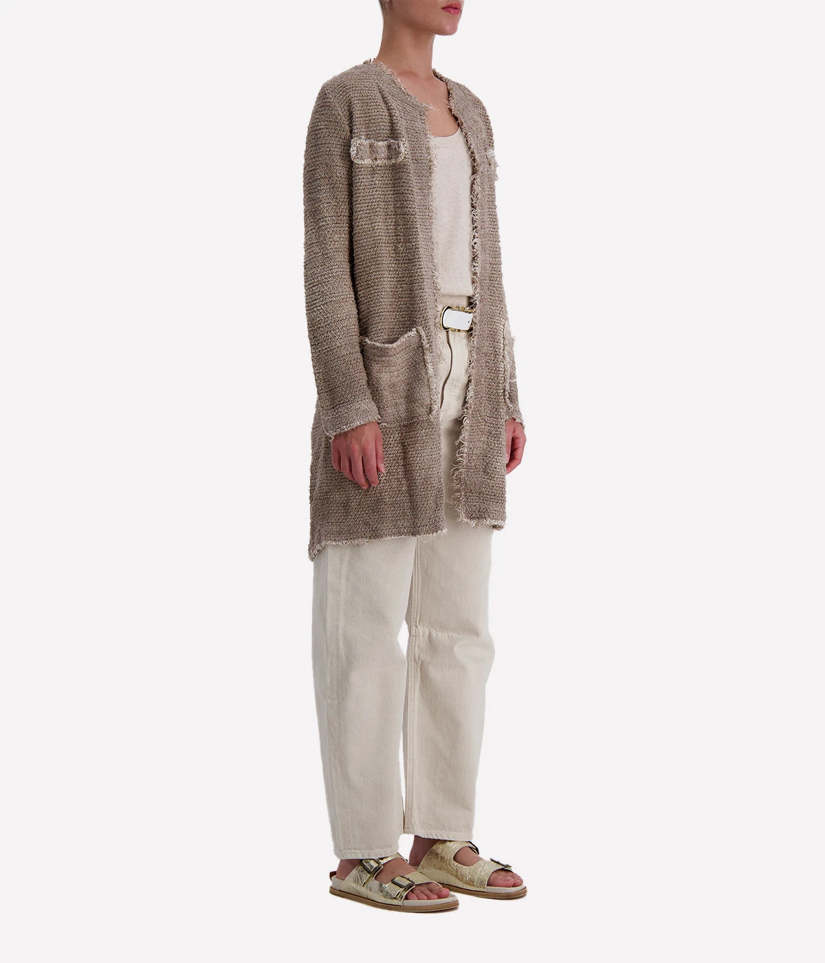 Women’s longline open-front jacket featuring a hand-painted finish, contrast stitching, side pockets, and a soft lining—ideal for transseasonal wear.