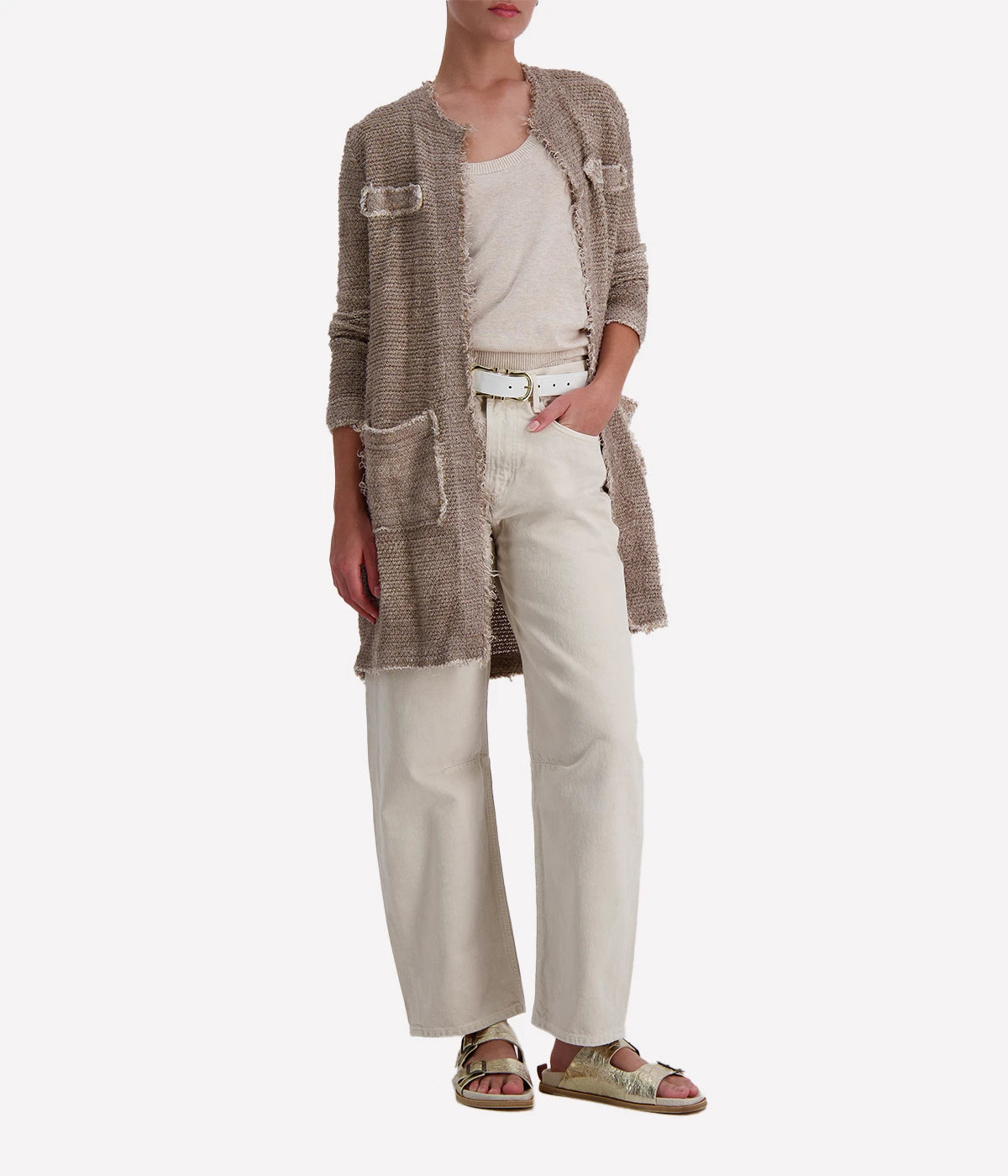 Women’s longline open-front jacket featuring a hand-painted finish, contrast stitching, side pockets, and a soft lining—ideal for transseasonal wear.
