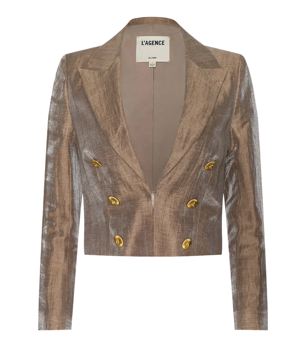 L’AGENCE Inez Cropped Blazer in Latte & Gold with peaked lapels and decorative gold buttons.