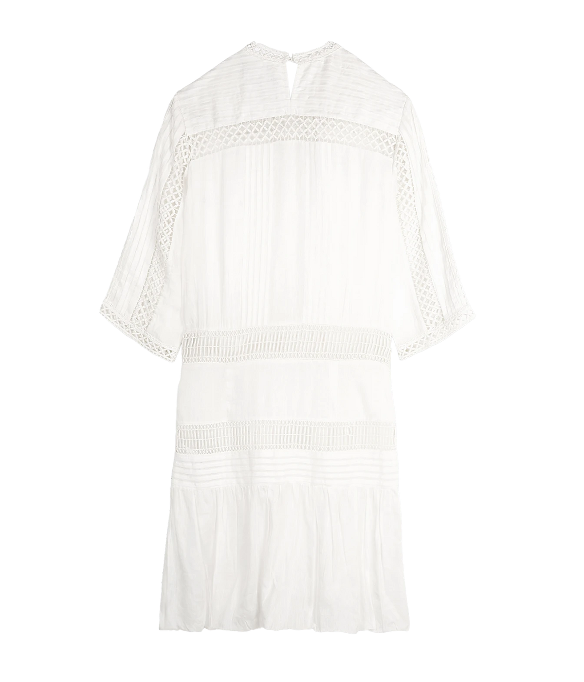 The Isabel Marant Paige Dress In White, an elbow-length sleeve dress with delicate crochet lace trim and vertical pleated detailing shot from the back