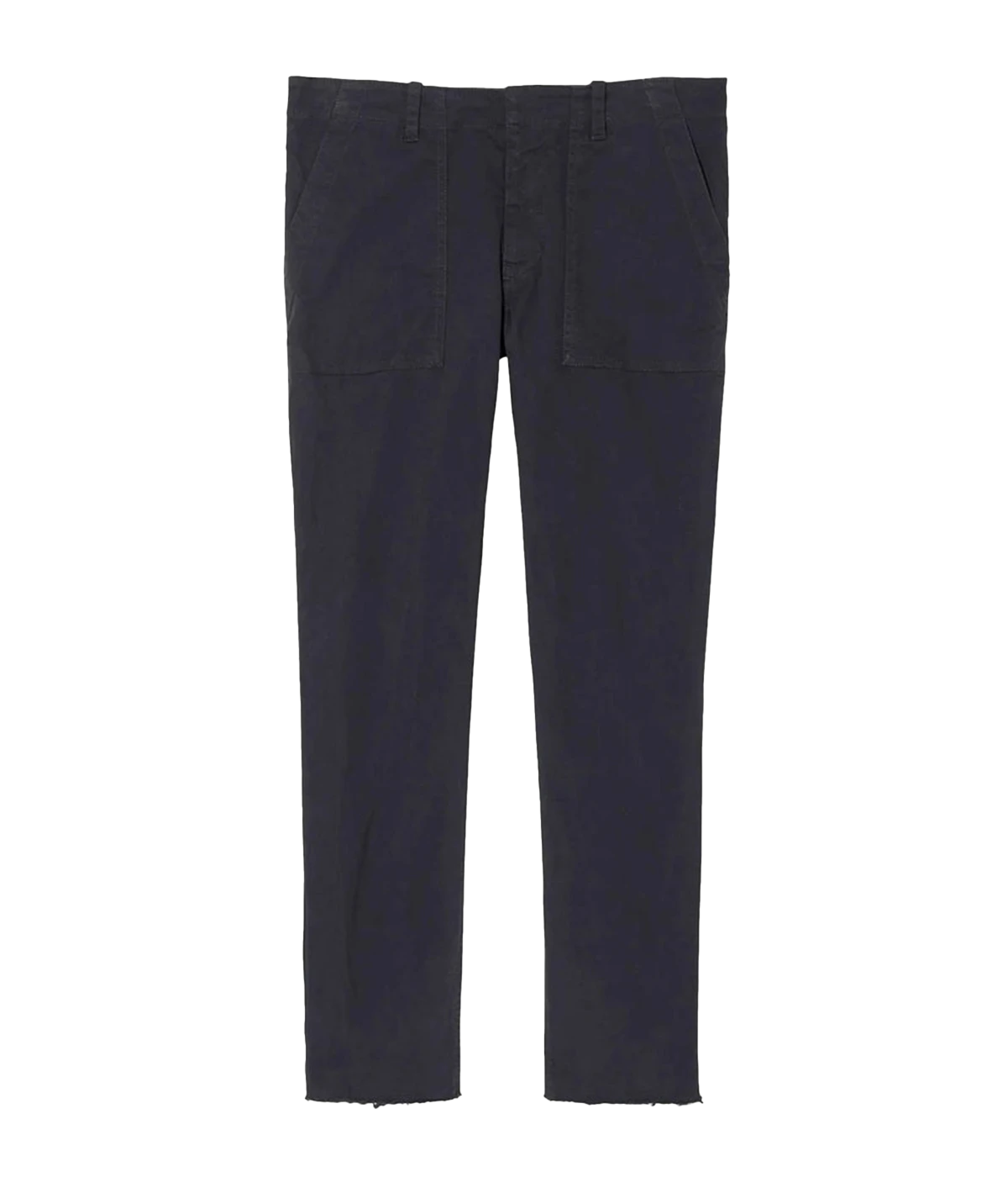ALT text: Jenna Pant – low-rise slim stretch twill pant in Midnight with raw hem.