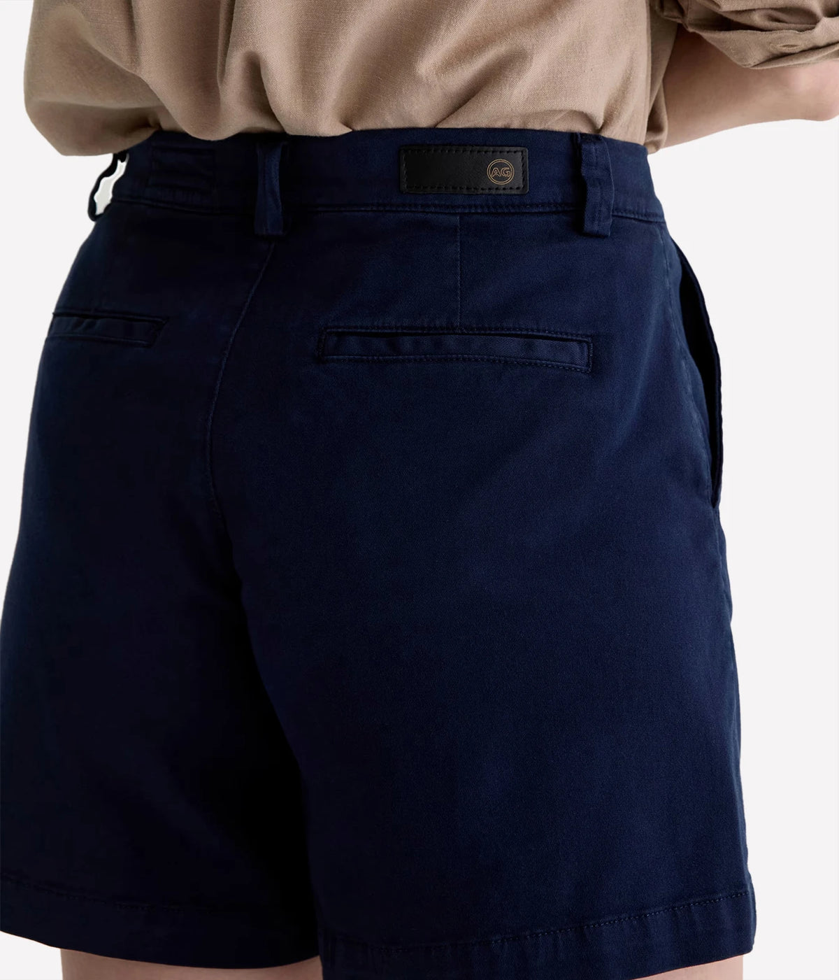 AG Jeans Jude Short in Deep Trenches, close-up of back waistband and pocket
