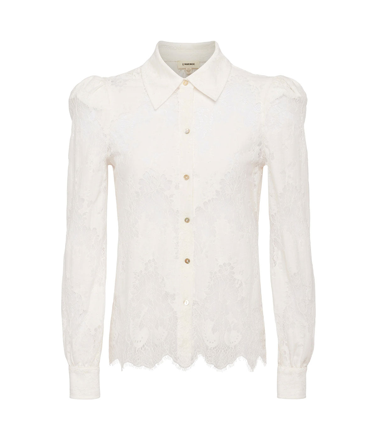 Jenica Lace Blouse in Ivory with intricate floral lace design, long sleeves, padded puff shoulders, scalloped hem, and 1-button cuffs.