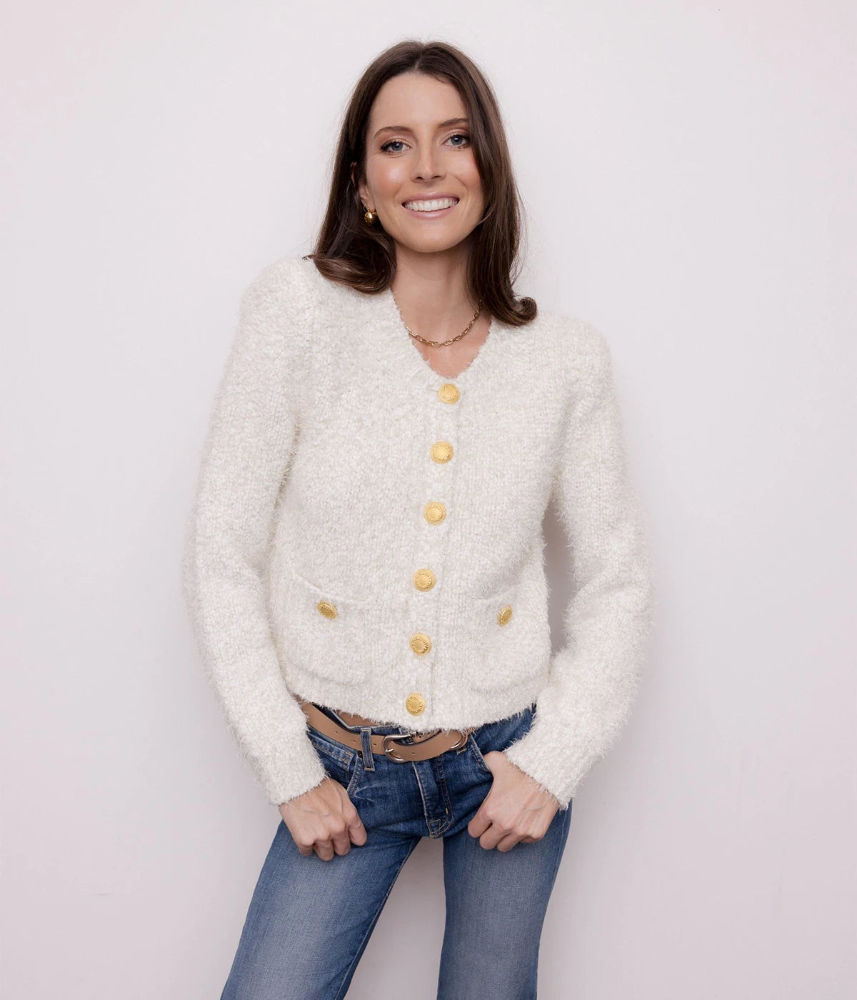 Una Knit Cardigan in Ivory_Gold