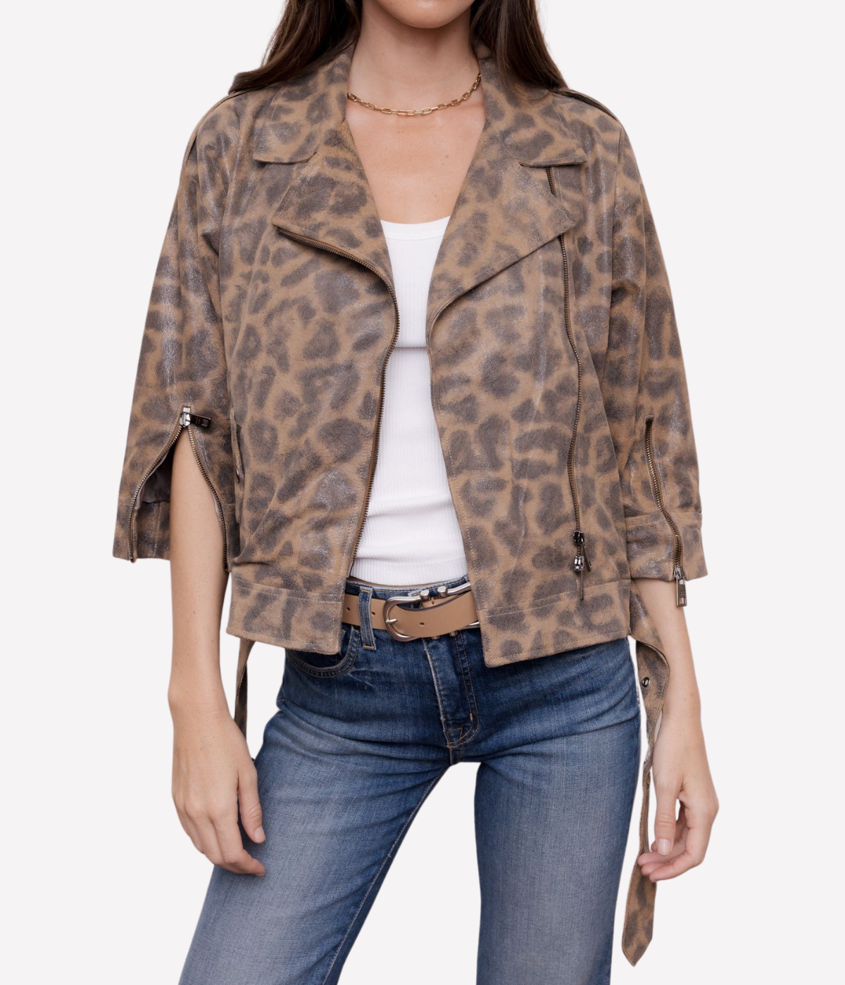 Giorgio Brato Womens Leather Jacket in LEOPARD, front view on model with a white tee and blue jeans, sleeves pushed up
