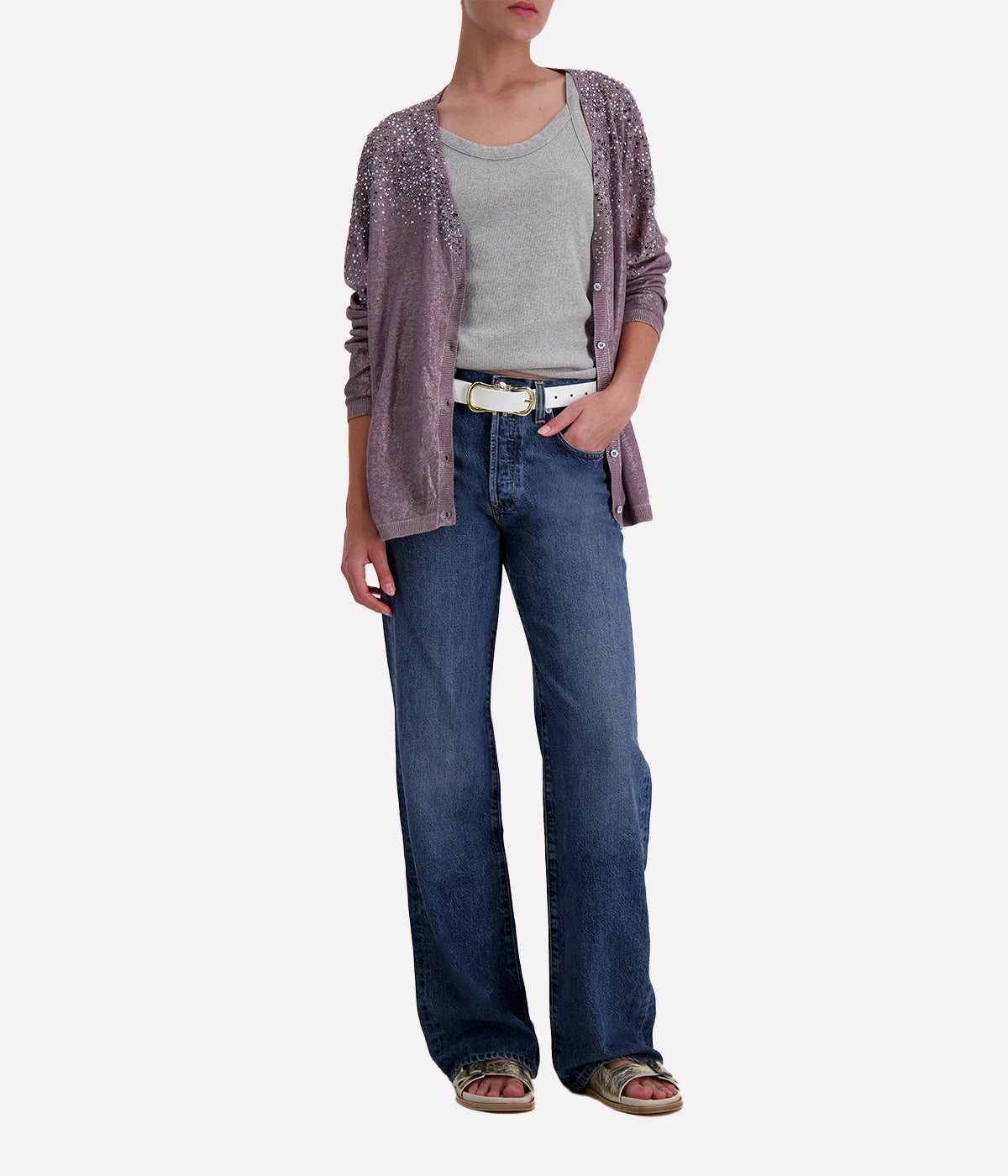 Linen Cardigan with Lamination in Lavendar