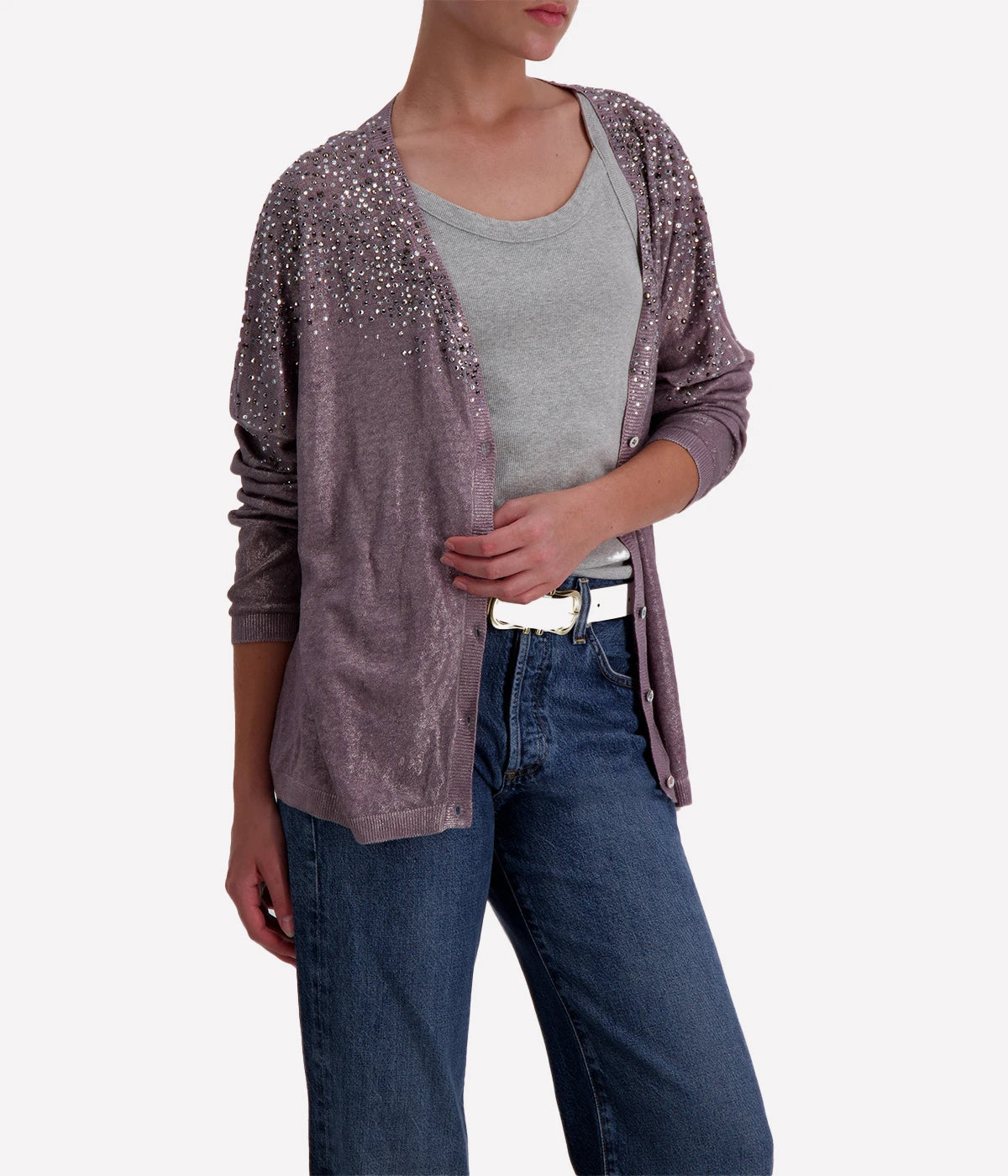 Linen Cardigan with Lamination in Lavendar