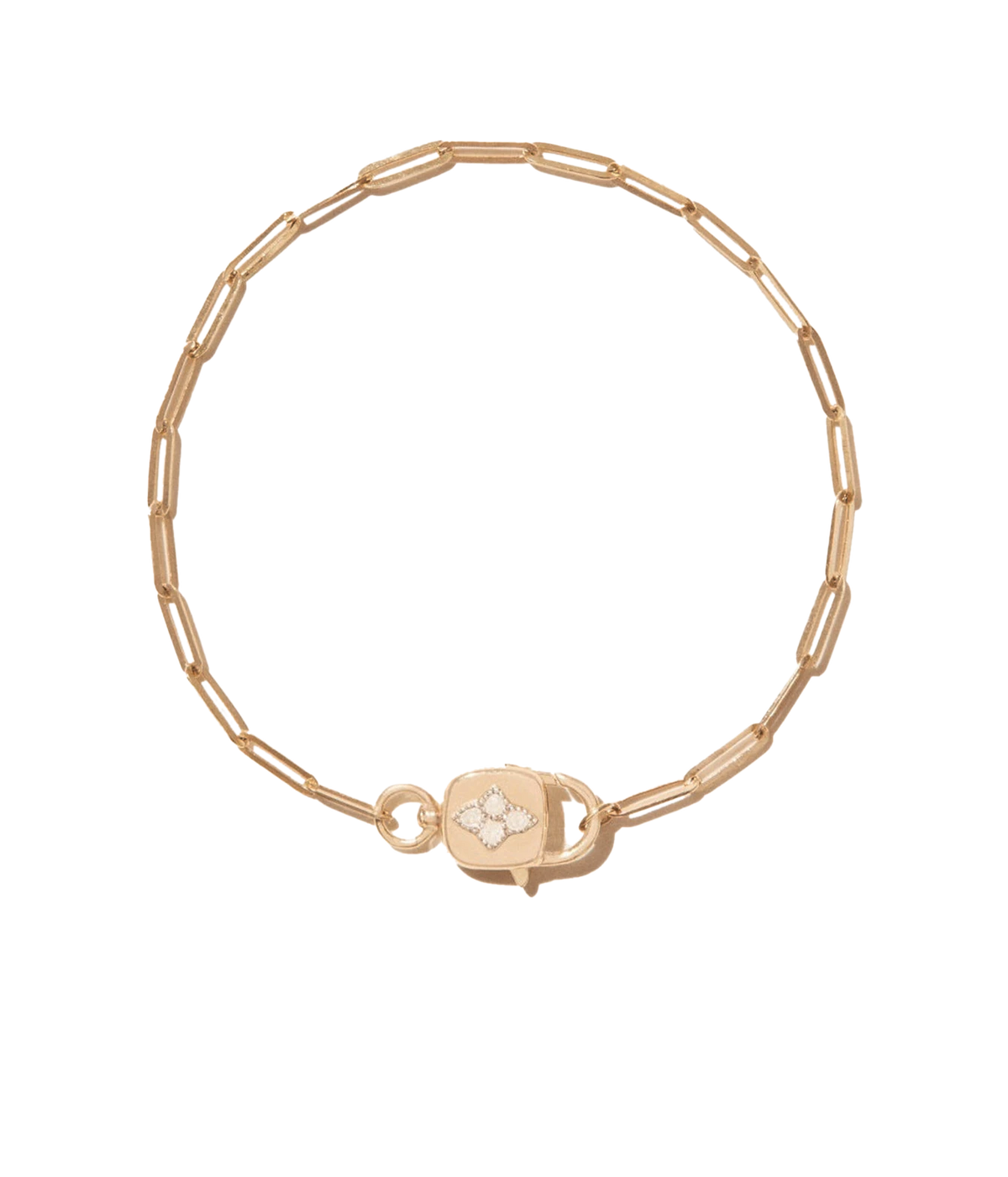 Pascale Monvoisin Louise Bracelet laid out in a circle, showing the gold paperclip chain and sculpted gold clasp set with a diamond motif