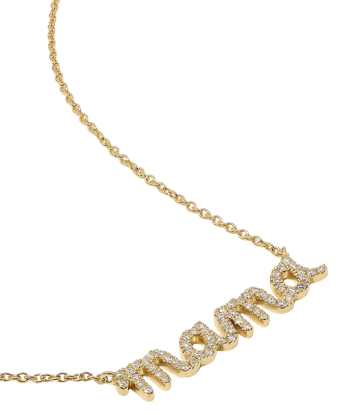 Close-up of the Sydney Evan Mama Script Necklace In 14K Yellow Gold, showing the diamond-set lettering on its fine cable chain