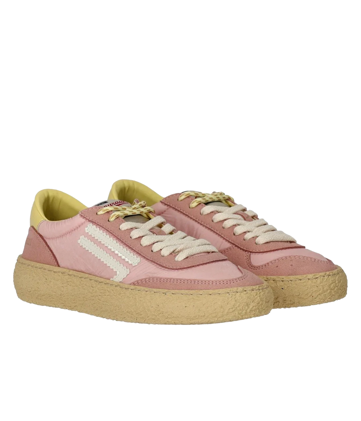 A pair of low-top sneakers in dusty pink , featuring cream laces, a cream textured stripe detail on the side, a yellow interior lining, and a thick beige sole. 4.05 Polly Sneaker in Maquillage Puraai