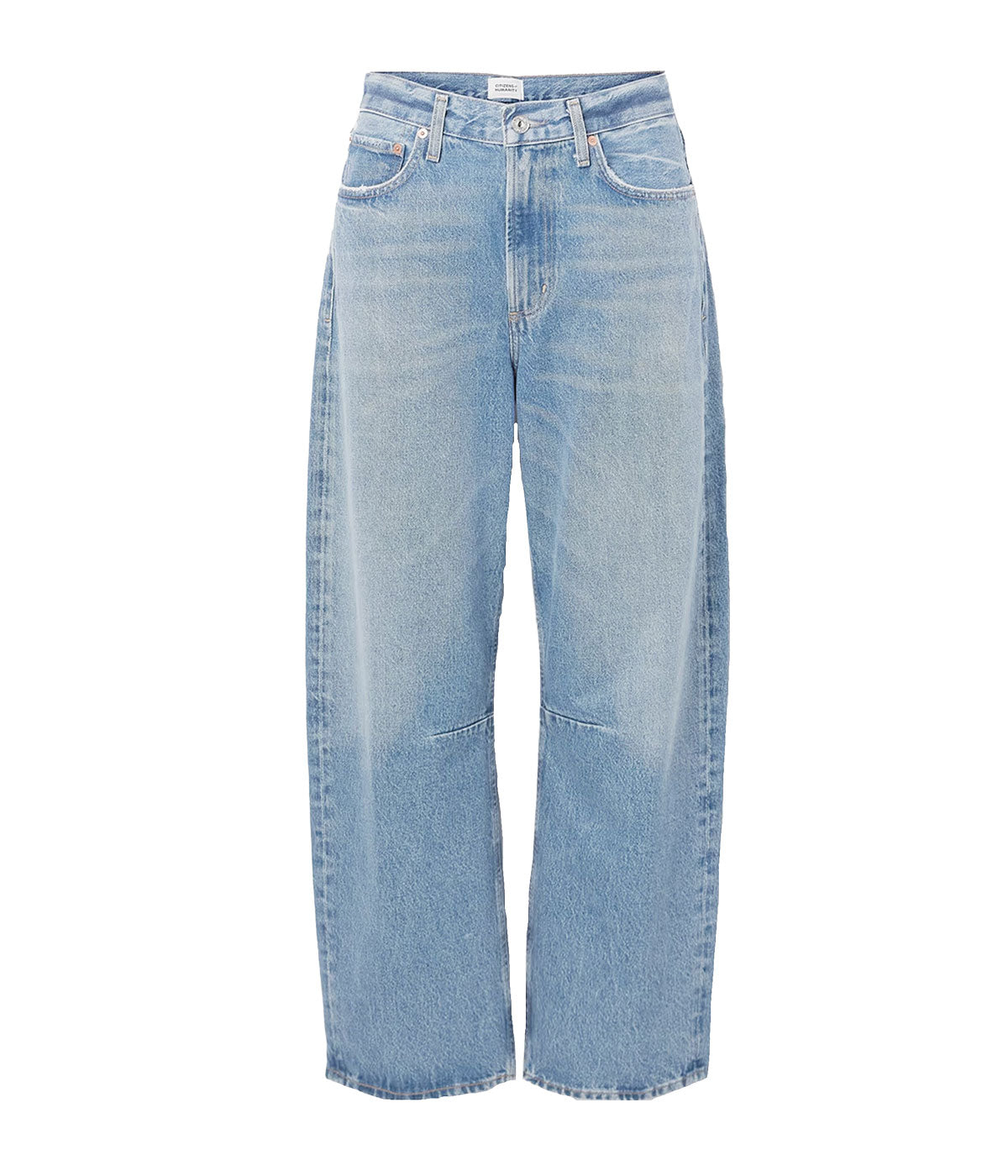 ALT Text: Light indigo tapered barrel-leg jeans with subtle fading, rigid cotton fabric, and a relaxed fit through the top block.