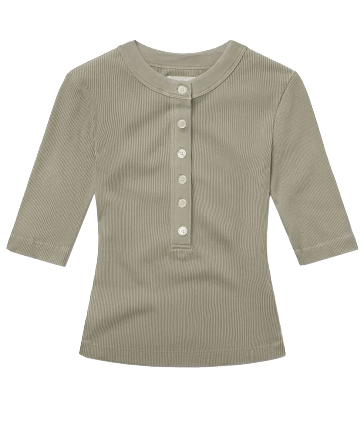 Ribbed khaki short sleeve top with button closing at the front