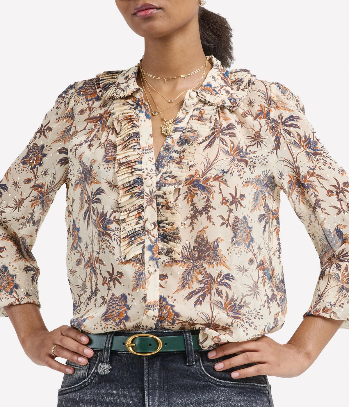 Nina Ruffle Placket Btn Front Blouse in Cameo