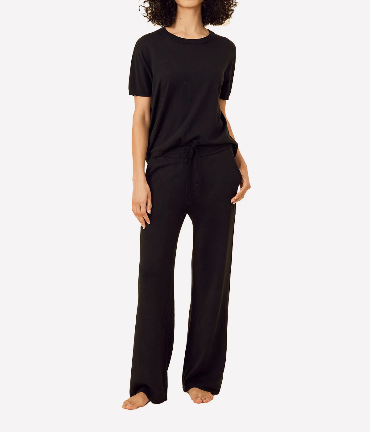 One Grey Day Bianca Pant in Black styled with matching black tee, full-length front view showing wide-leg silhouette, Calexico luxury womenswear