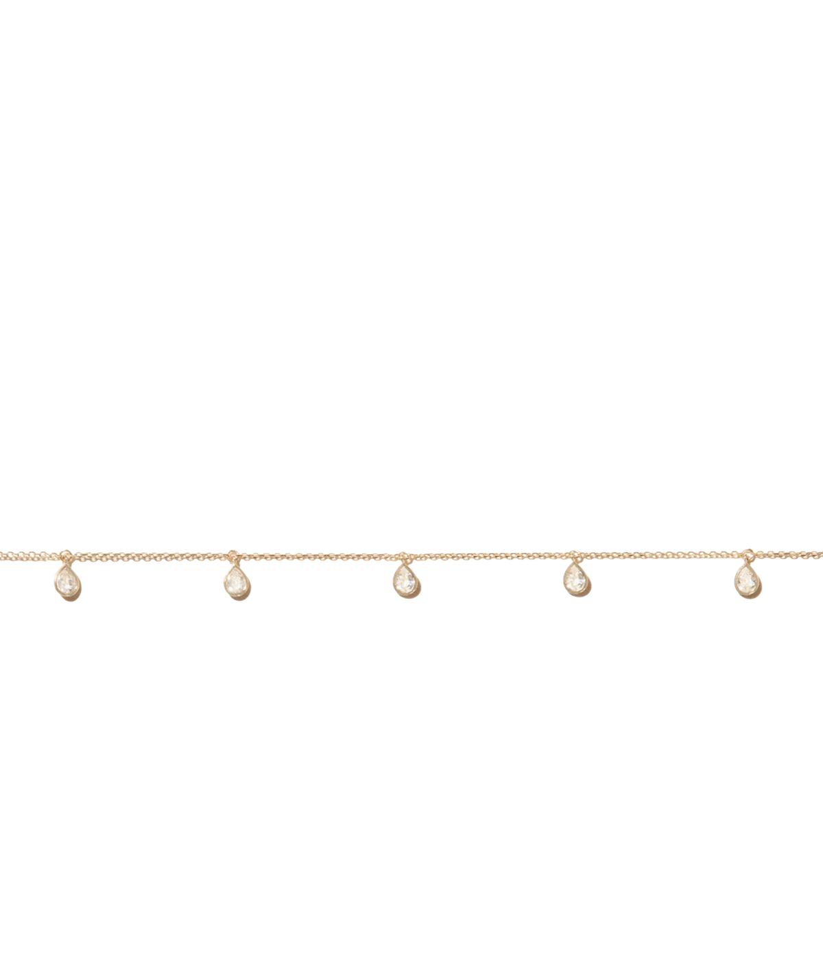 Pascale Monvoisin Palerme White Sapphire Necklace laid flat, showing the fine gold chain with five evenly spaced white sapphire drops