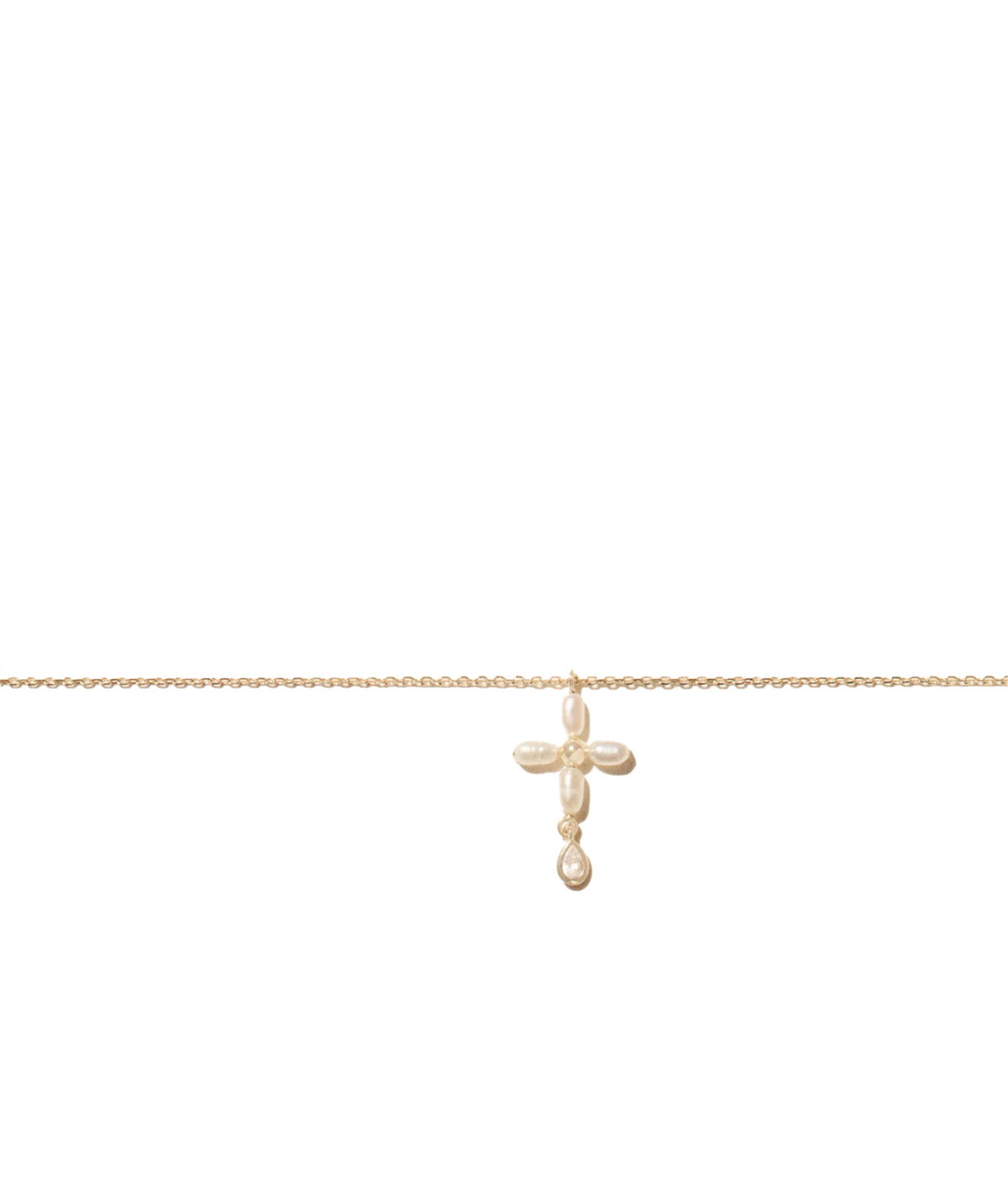Pascale Monvoisin Palerme White Pearl Necklace laid flat, showing the fine gold chain and a cross pendant formed from white pearls