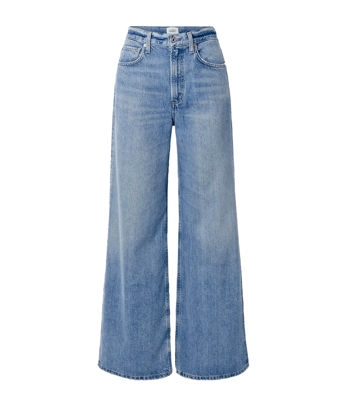 ALT text: Paloma Jean in light-medium indigo with baggy leg, mid-rise waist, and rigid recycled cotton blend.
