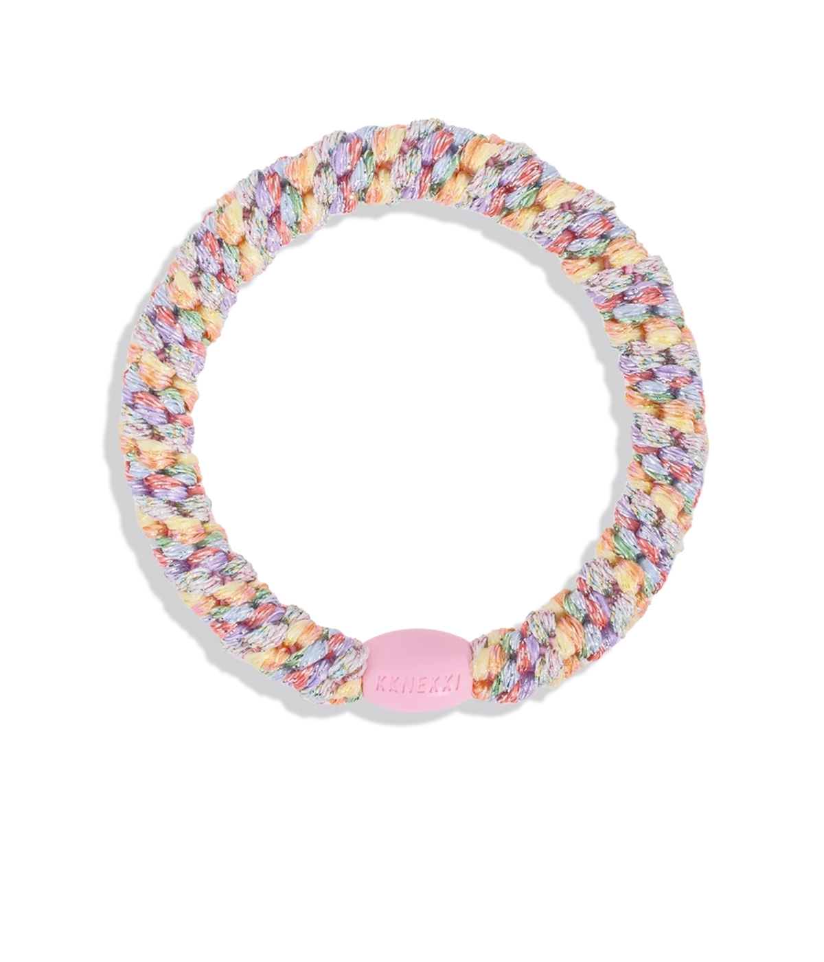 A multicolour braided elastic hair tie with a pink plastic end cap featuring the brand name 'Kknekki' embossed