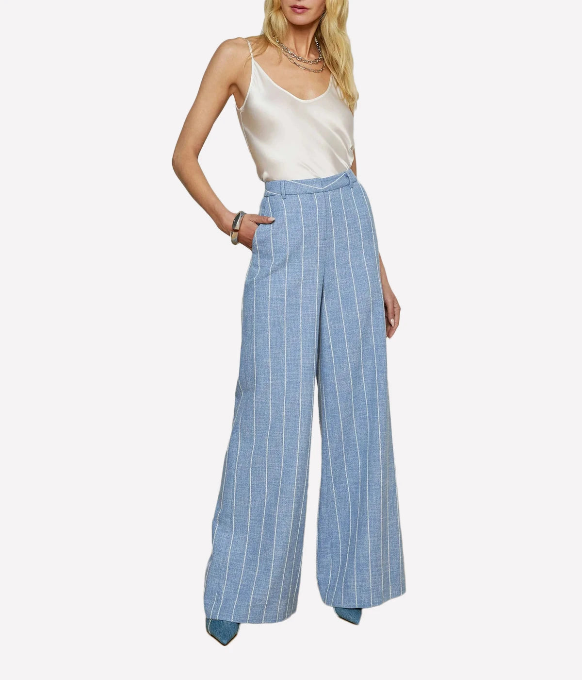 Pilar Wide Leg Pant in Sky Blue White