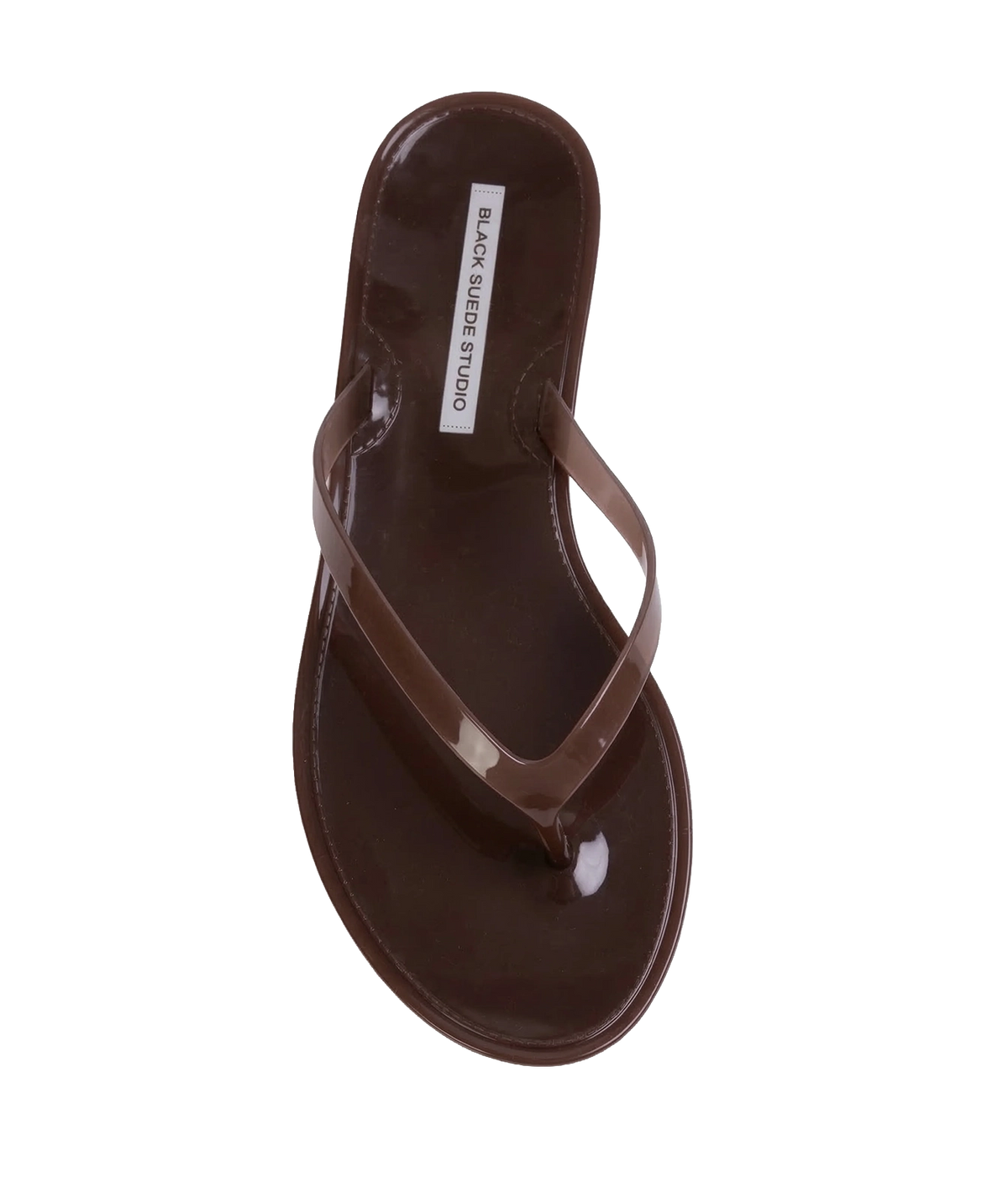 A single glossy dark brown thong sandal shown from a top-down view - Crystal Sandal in Chestnut