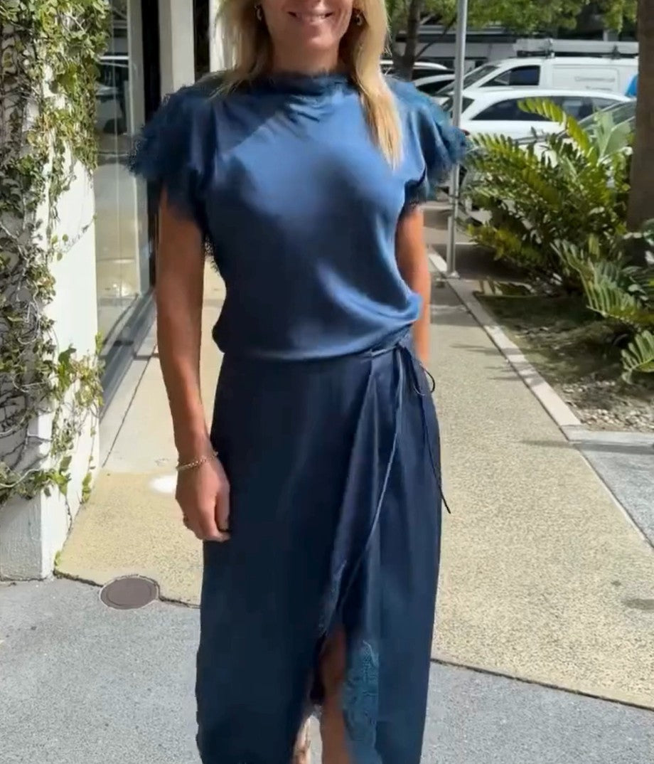Luna Satin and Lace Top in Ash Blue