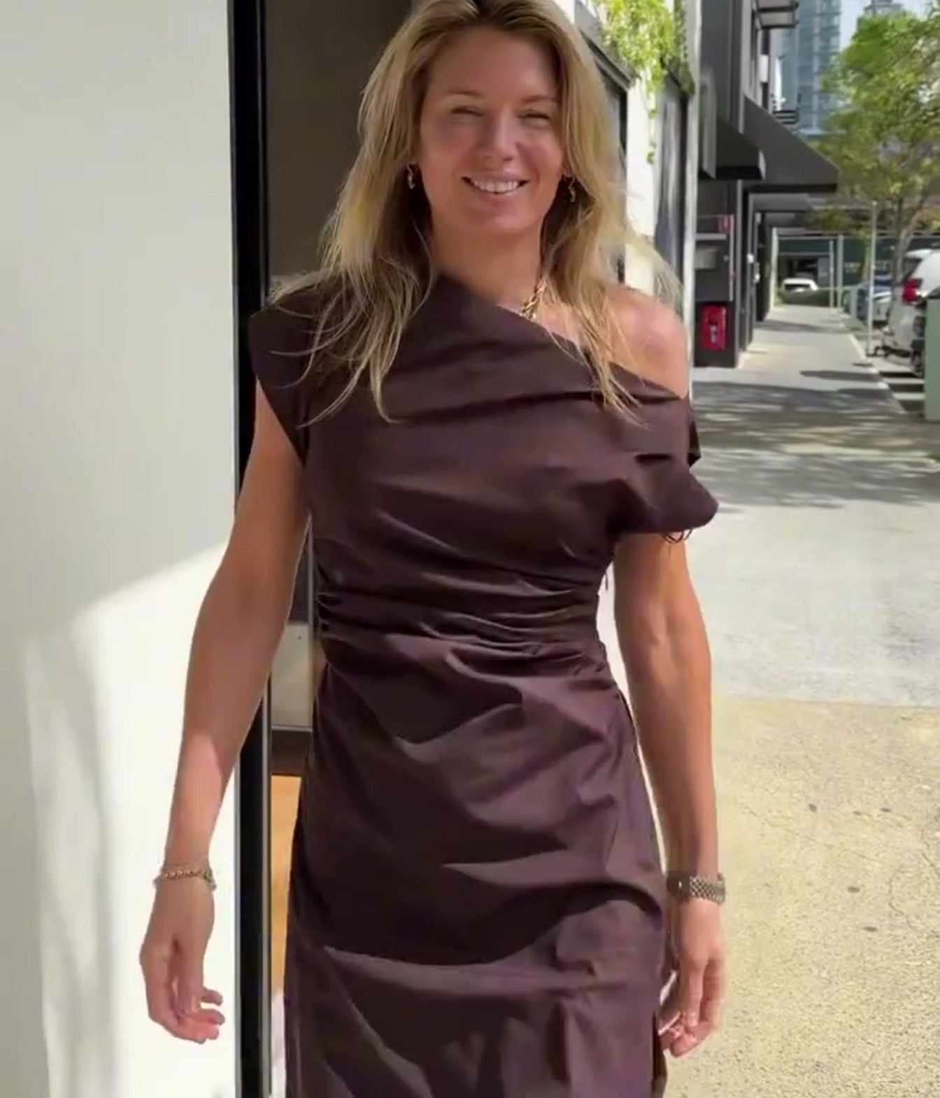 Nara Stretch Cotton Off Shoulder Midi Dress in Ganache