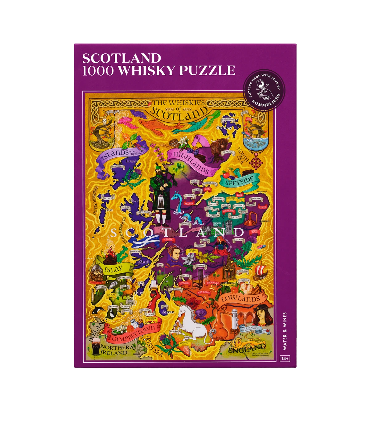 A colorful puzzle box featuring a map of Scotland with various regions labeled, designed for a 1000 piece jigsaw puzzle game about Scottish whisky.