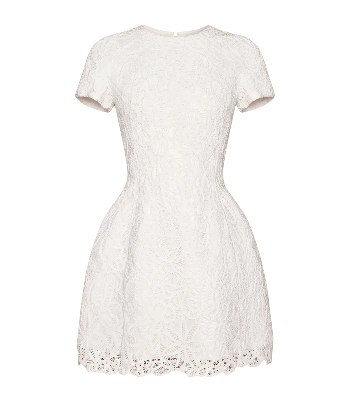 Alexis Regatta Dress In Floral Macrame shown flat from the front, showing the round neckline, short sleeves, fitted bodice and full mini skirt in white embroidered floral lace with a scalloped hem