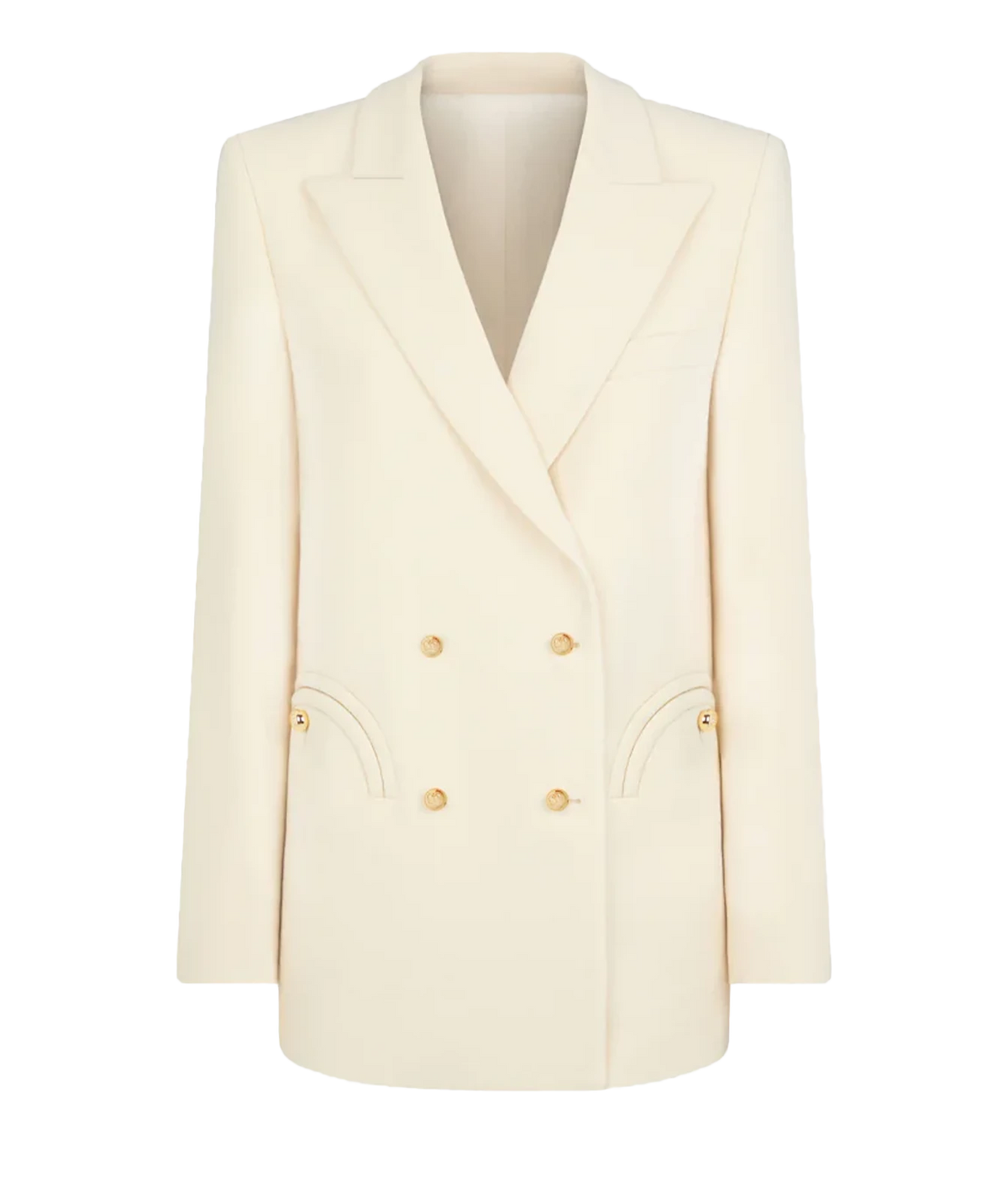 Front product view of the BLAZÉ Milano Resolute Everyday Double-Breasted Blazer in Cream, showing the peak lapels, golden buttons and smiley pockets