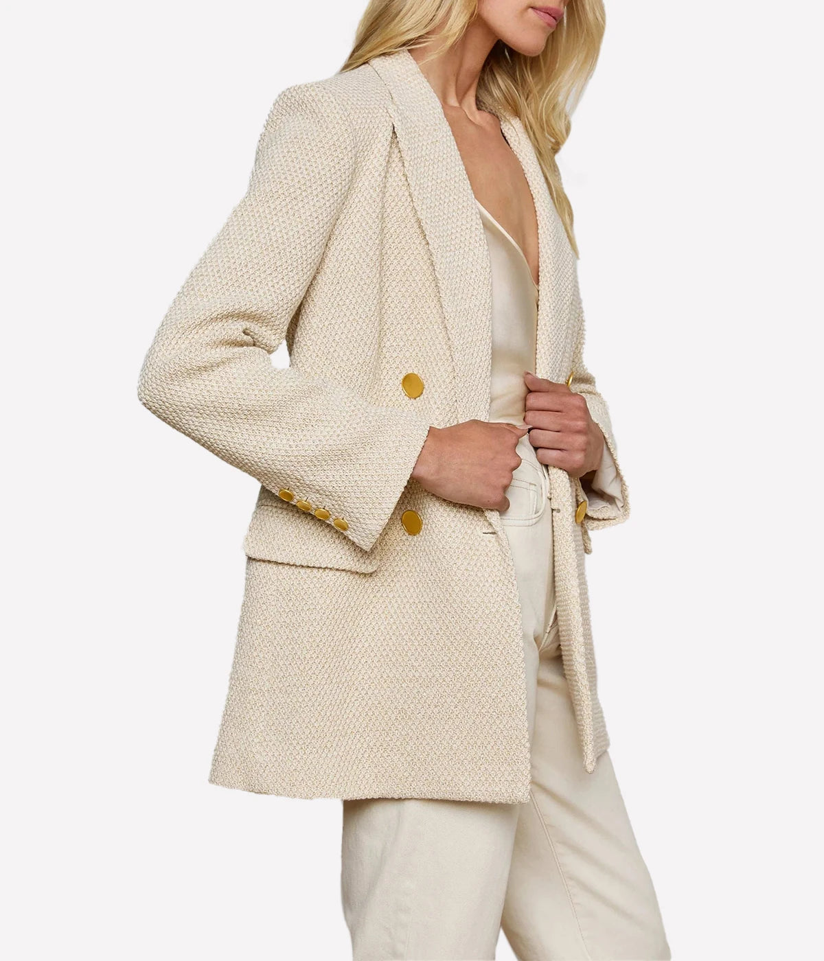 Riva Knit DBL Breated Blazer in White Ivory Gold