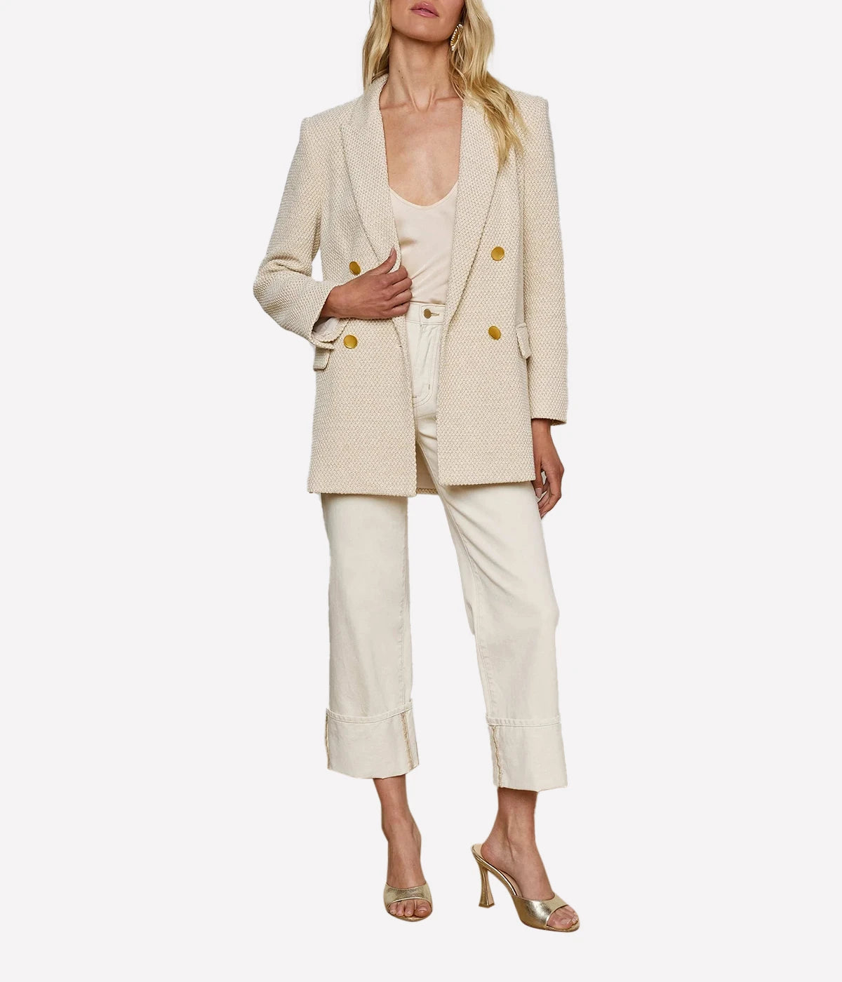 Riva Knit DBL Breated Blazer in White Ivory Gold