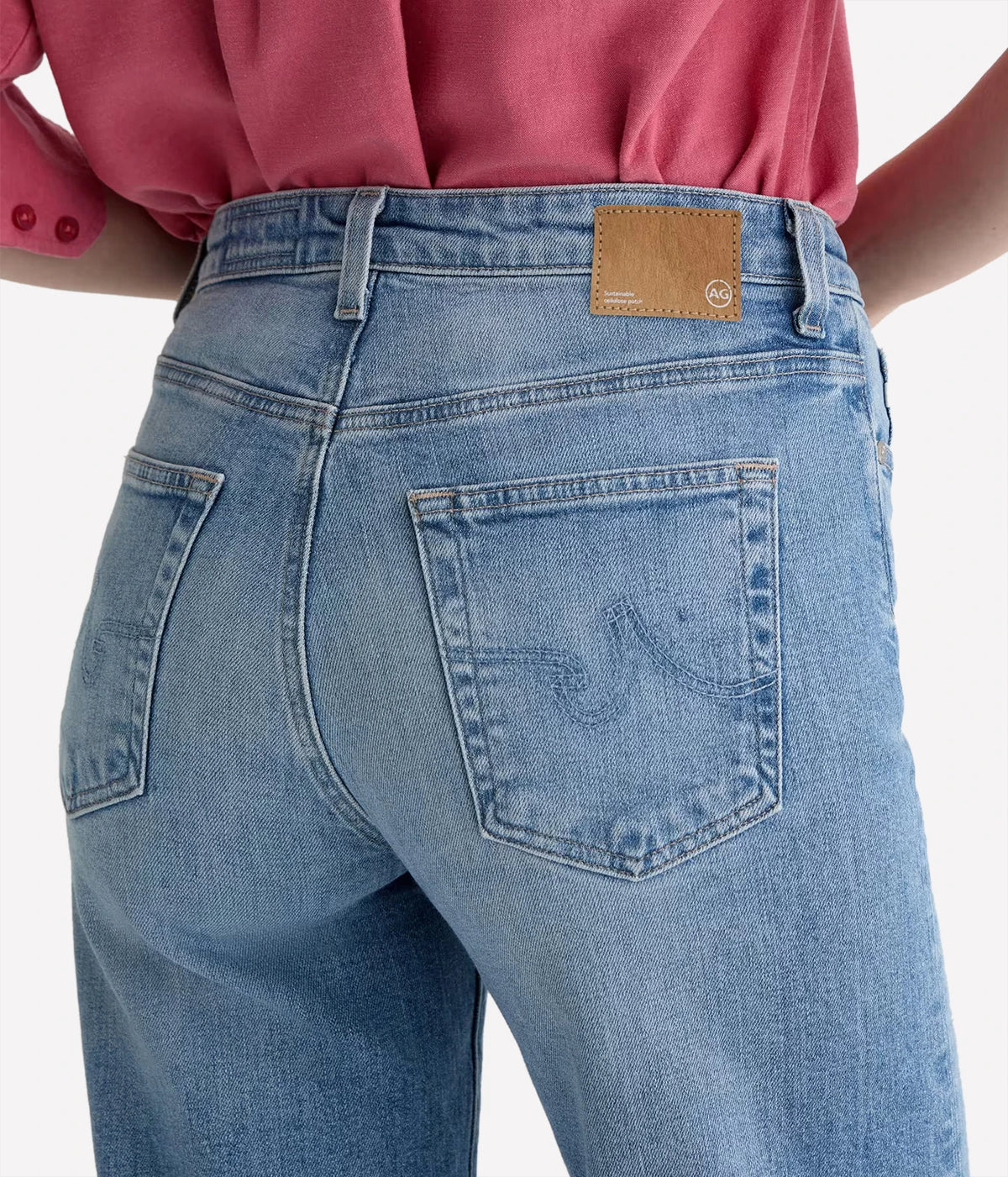 AG Jeans Saige Wide Leg Crop Jean in Helios, close-up of back pocket and patch