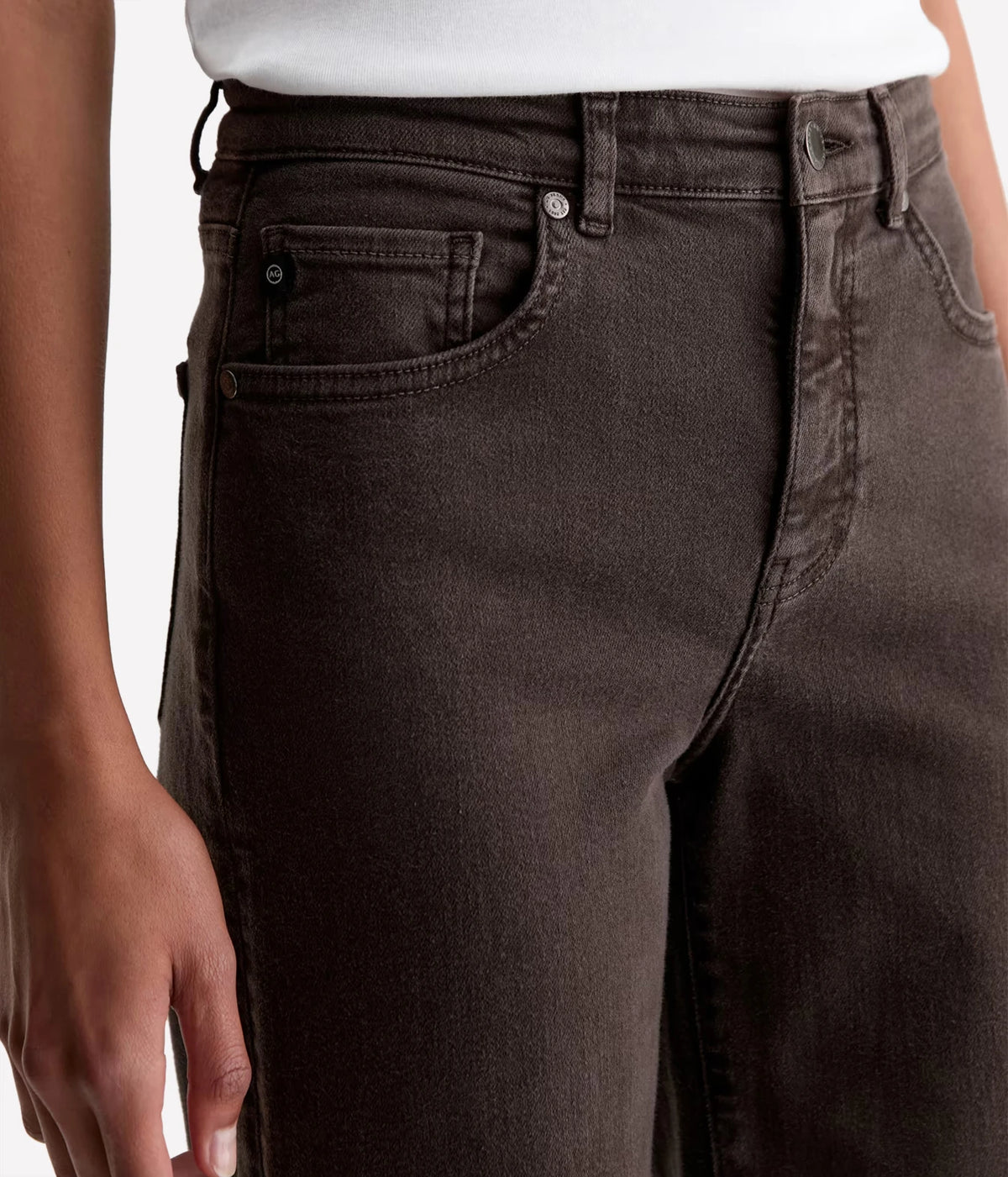 AG Jeans Saige Wide Leg Crop in Sulfur Burnt Umber, close-up of front pocket