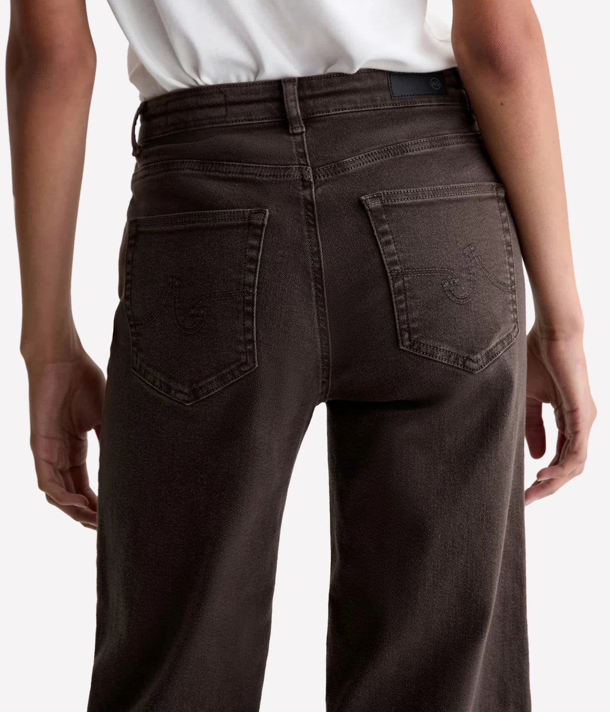 AG Jeans Saige Wide Leg Crop in Sulfur Burnt Umber, close-up of back pocket