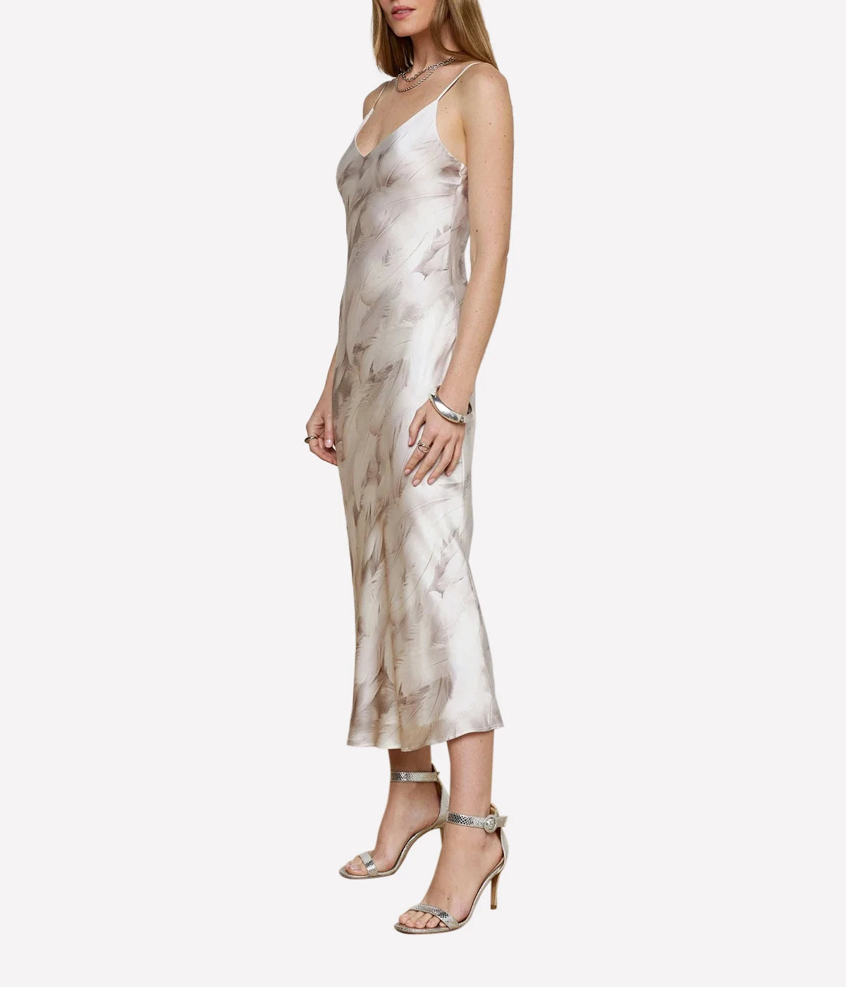 Seridie Midi Slip Dress in White Feather Print