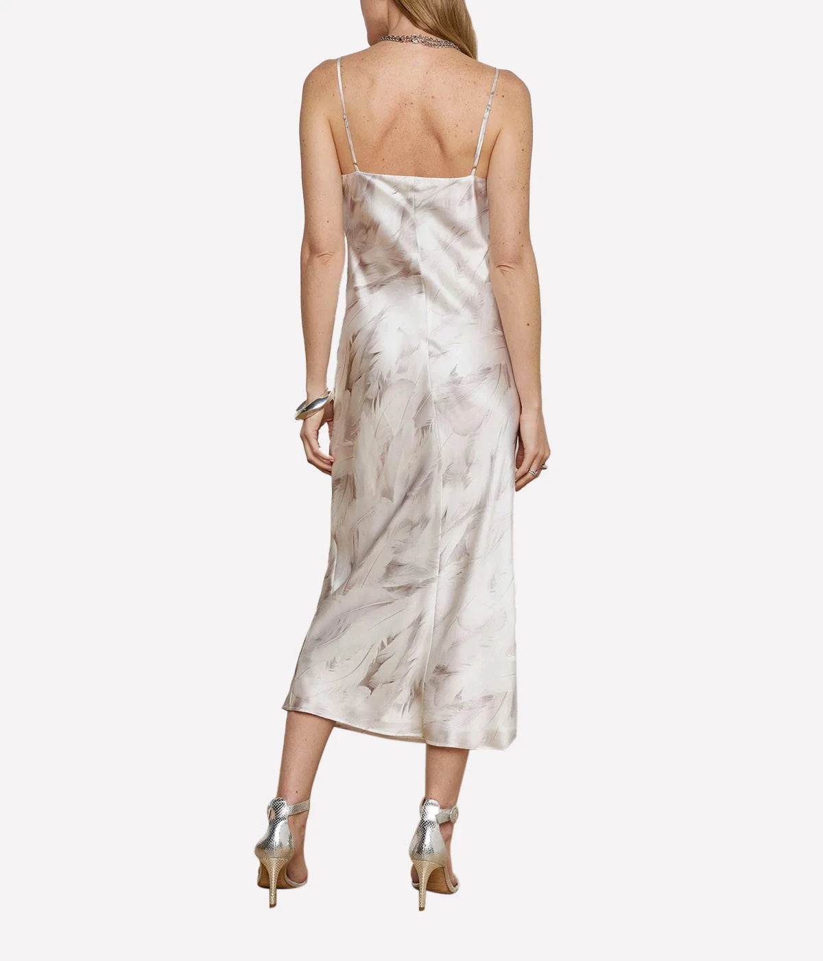 Seridie Midi Slip Dress in White Feather Print